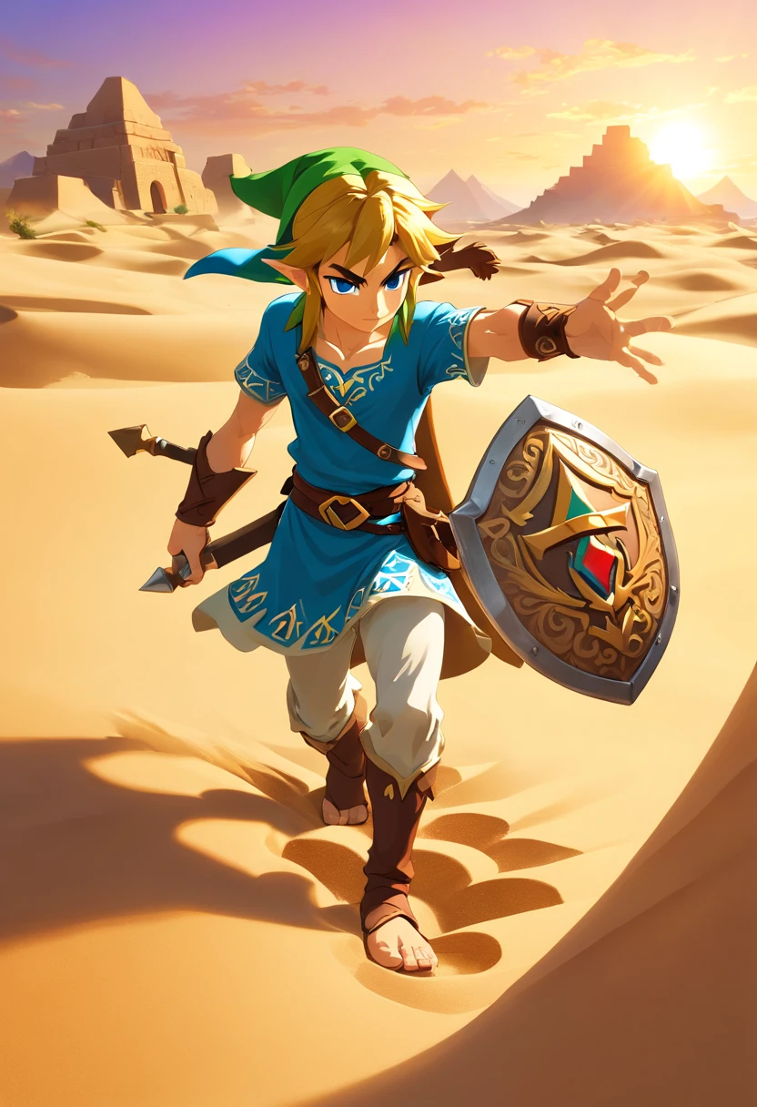 (best quality, Altas, ultra-detalhado), 1Menino de pele negra, nudread, Controlando a areia, azir, Poderes baseados em areia, sand manipulation, controle hipnotizante da areia, intricate sand formations, detailed facial features, olhar intenso, muscular physique, tatuagens douradas, cocar elaborado, exotic desert environment, sunset scenery, Paleta de cores quentes, dramatic lighting, mystic atmosphere, fantasy aesthetic,ancient civilisation, Mysterious ruins.