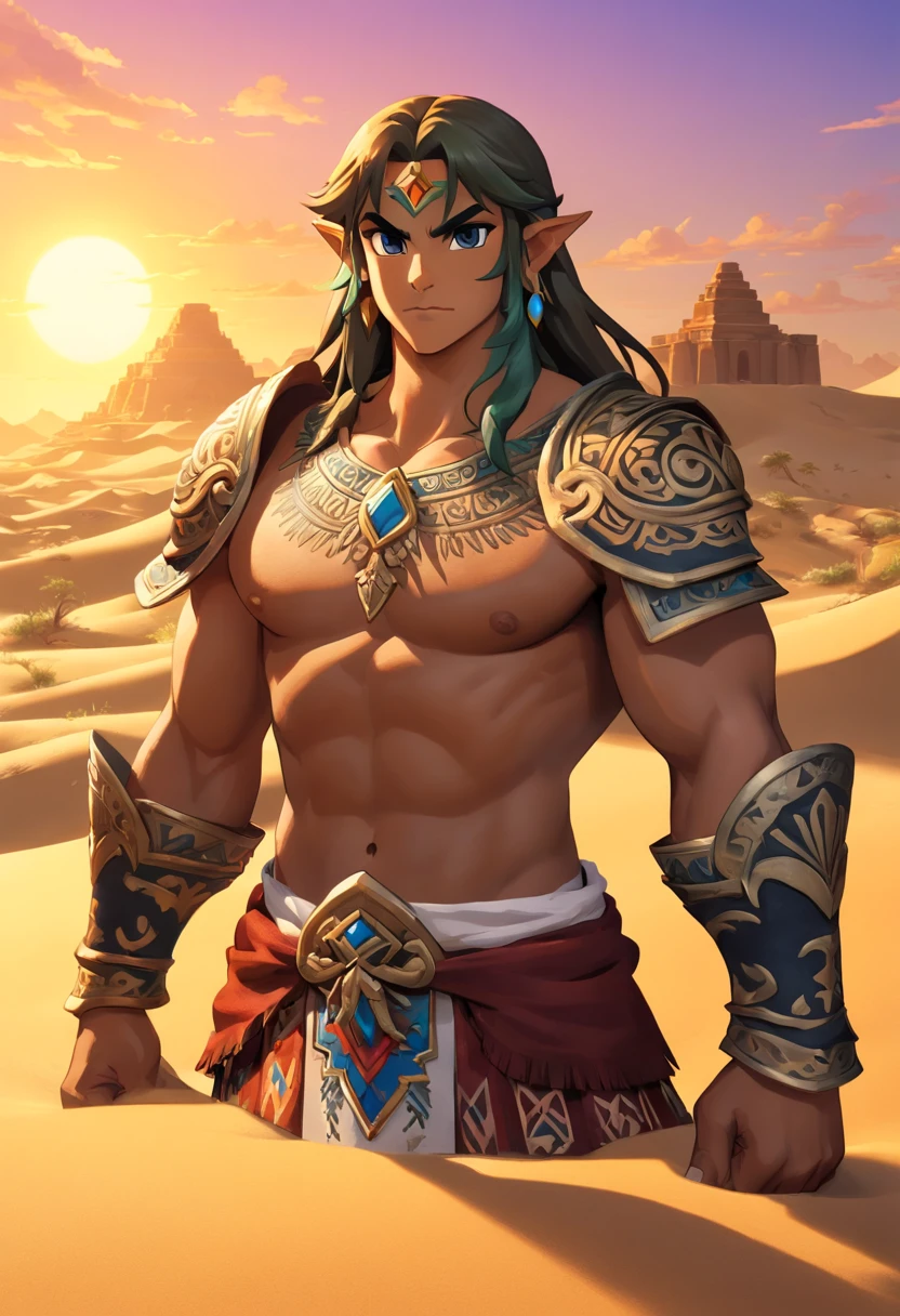 (best quality, Altas, ultra-detalhado), 1Menino de pele negra, nudread, Controlando a areia, azir, Poderes baseados em areia, sand manipulation, controle hipnotizante da areia, intricate sand formations, detailed facial features, olhar intenso, muscular physique, tatuagens douradas, cocar elaborado, exotic desert environment, sunset scenery, Paleta de cores quentes, dramatic lighting, mystic atmosphere, fantasy aesthetic,ancient civilisation, Mysterious ruins.