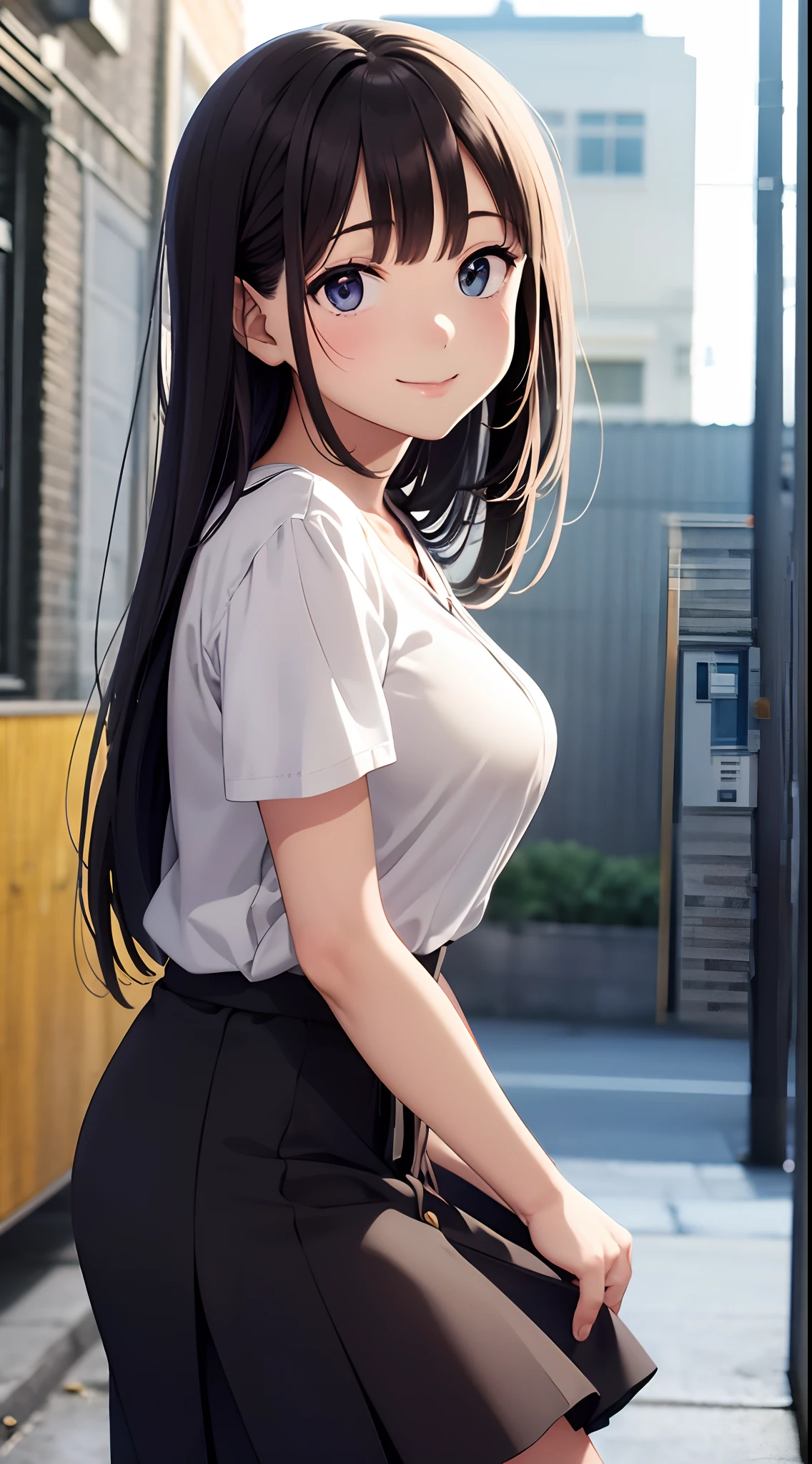 best quality, detailed face, 1girl, middle breast, smile, casual outfit, skirt, good anatomy, looking at viewer, soft focus, cinematic lighting, depth of field, happy expression, from side