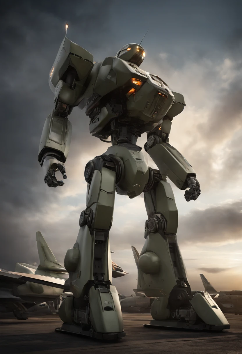 giant robot, Futuristic Design, alta tecnologia, foot propulsion, Android head at air base, cercado por militares, detalhes intrincados, High definition, 16k, detalhes altamente definidos, 16k, inspirado em Youssef Howayek altamente detalhado, hyper realistic, Perfect artwork, master part, best quality, Altas, layered lighting,