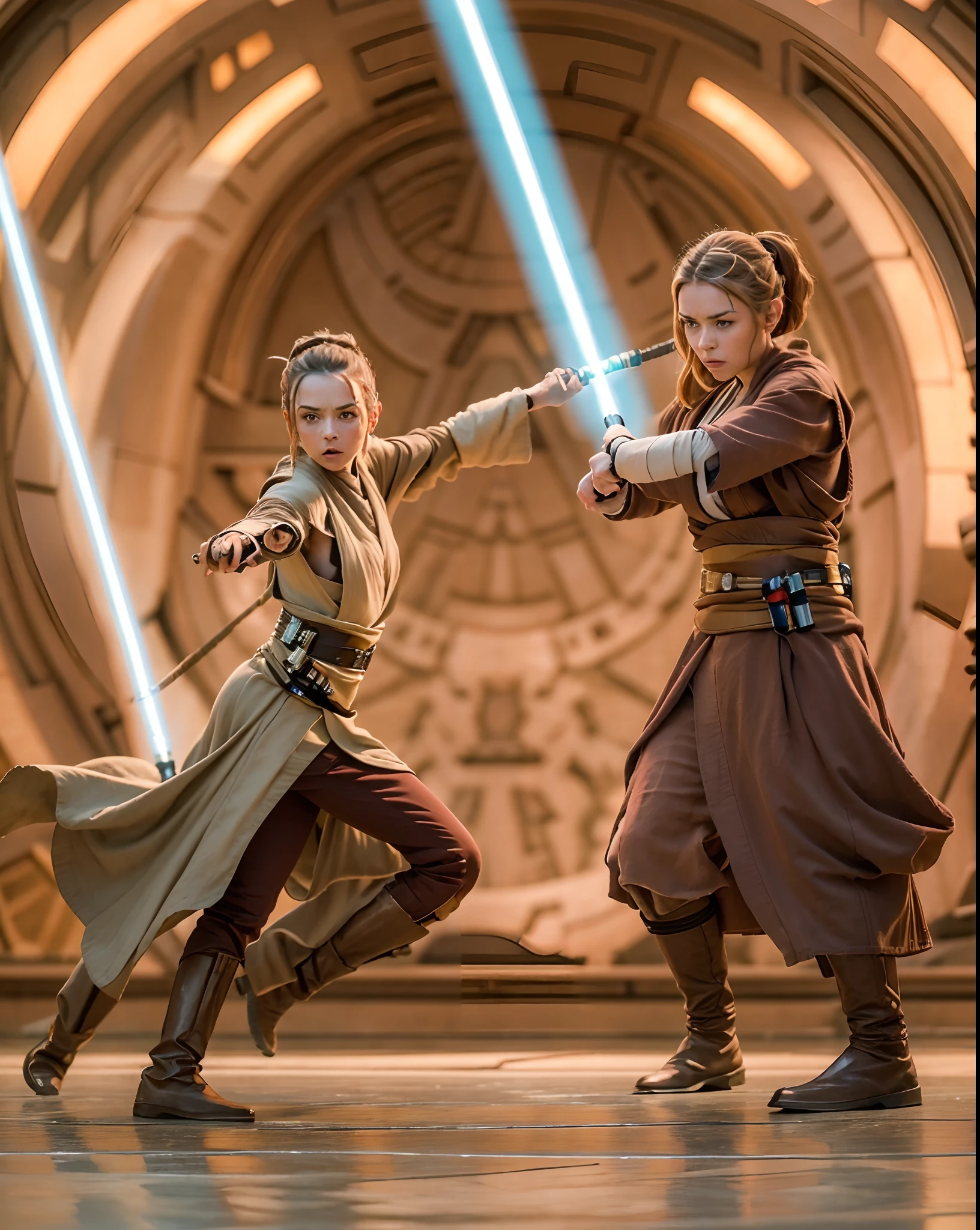 A detailed jedi in attack pose, with a female padawan, (hourglass body), (anakin Skywalker), ahsoka tano, (training:1.2), teacher, master, fighting with Sticks, intricate, masterpiece, best quality