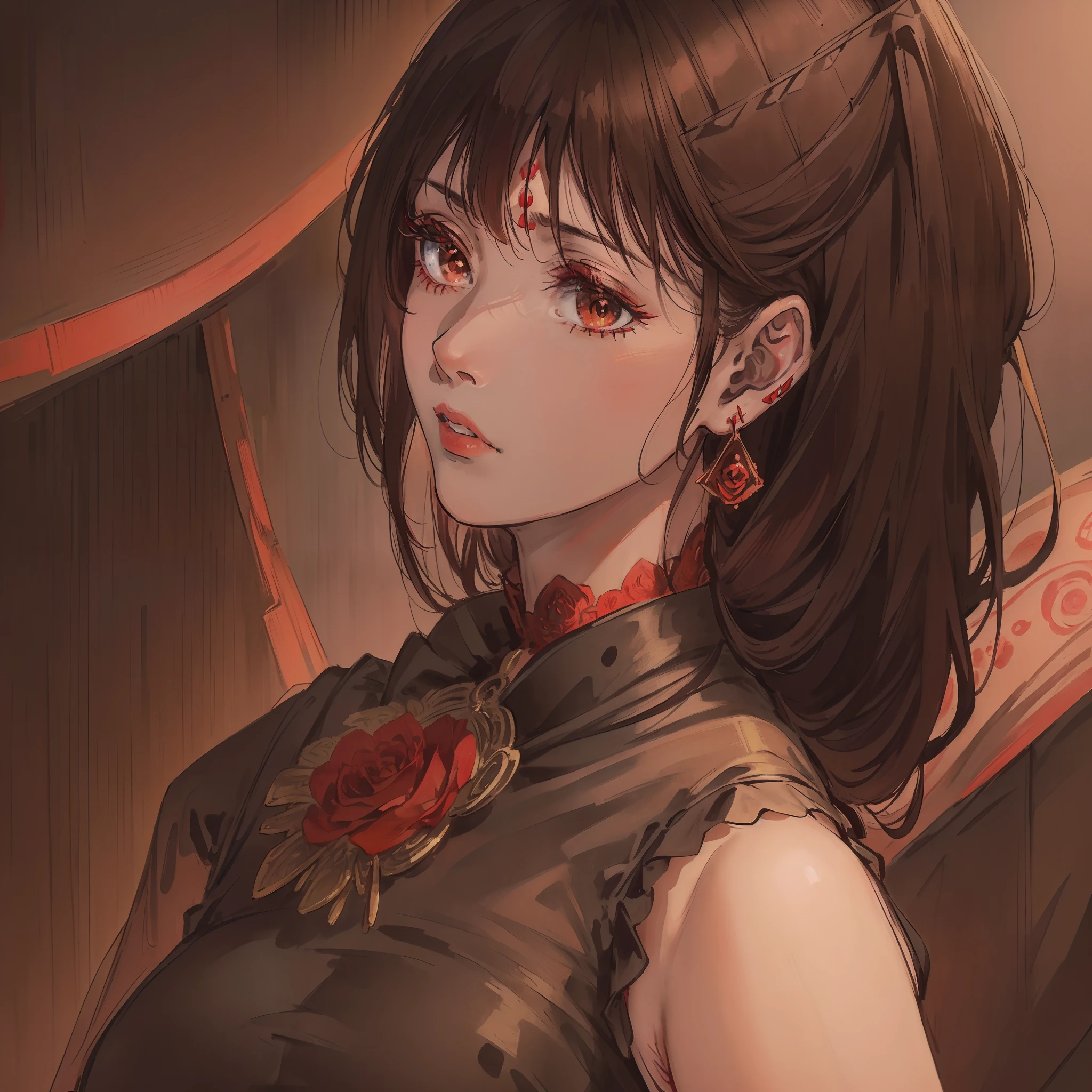 (extremely detailed CG unit 8k wallpaper, masterpiece, best quality, ultra-detailed), (best lighting, best shadow), 45 year old Spanish woman, mature, square face, wearing 1 red rose on necklace neck, wearing black lace dress with red, golden earrings, features like a maria padilla, (highly detailed skin: 1.2), medium brown loose hair with lights