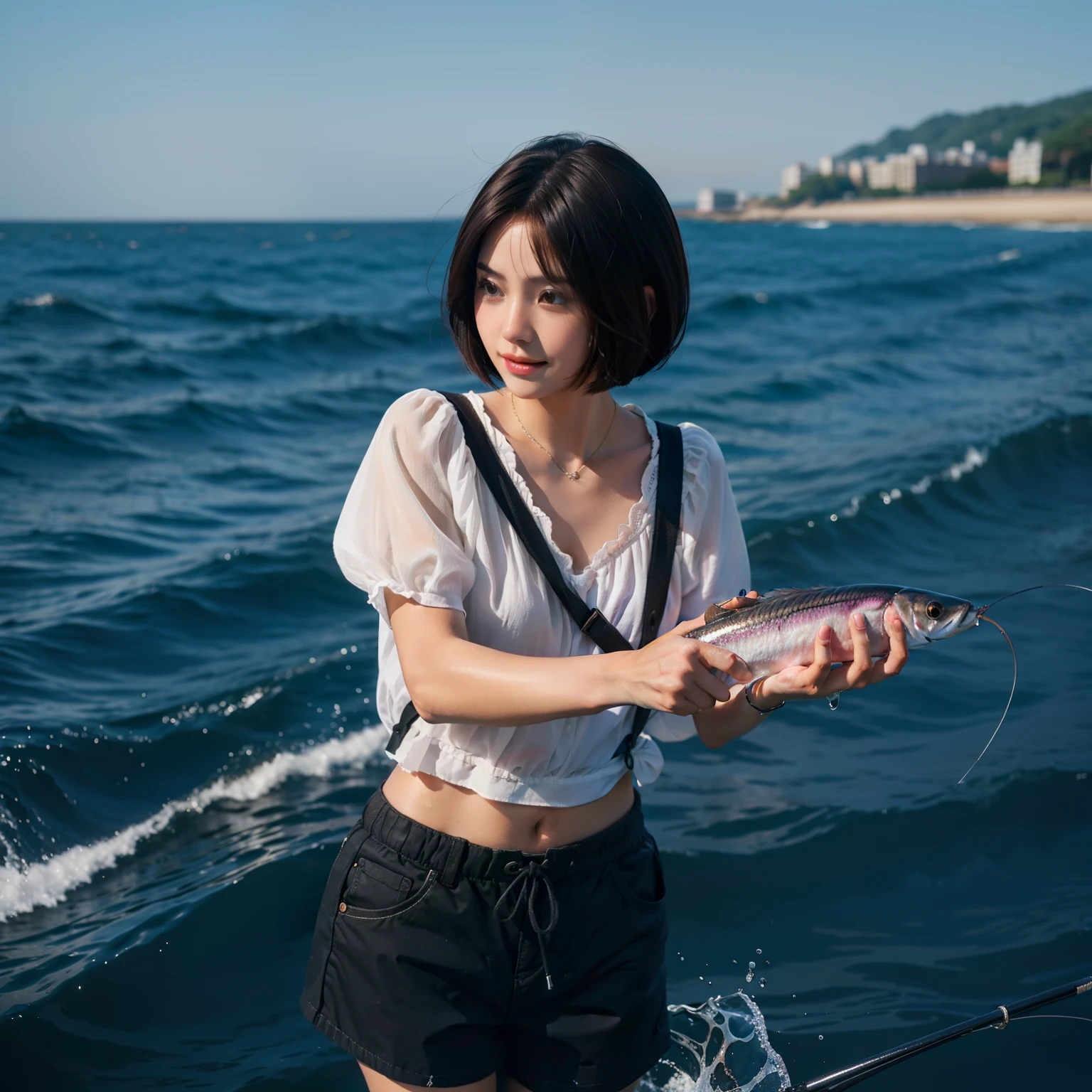 masutepiece,top-quality,Black Brown Hairberry Short Bob,femele,Fishing in the sea,