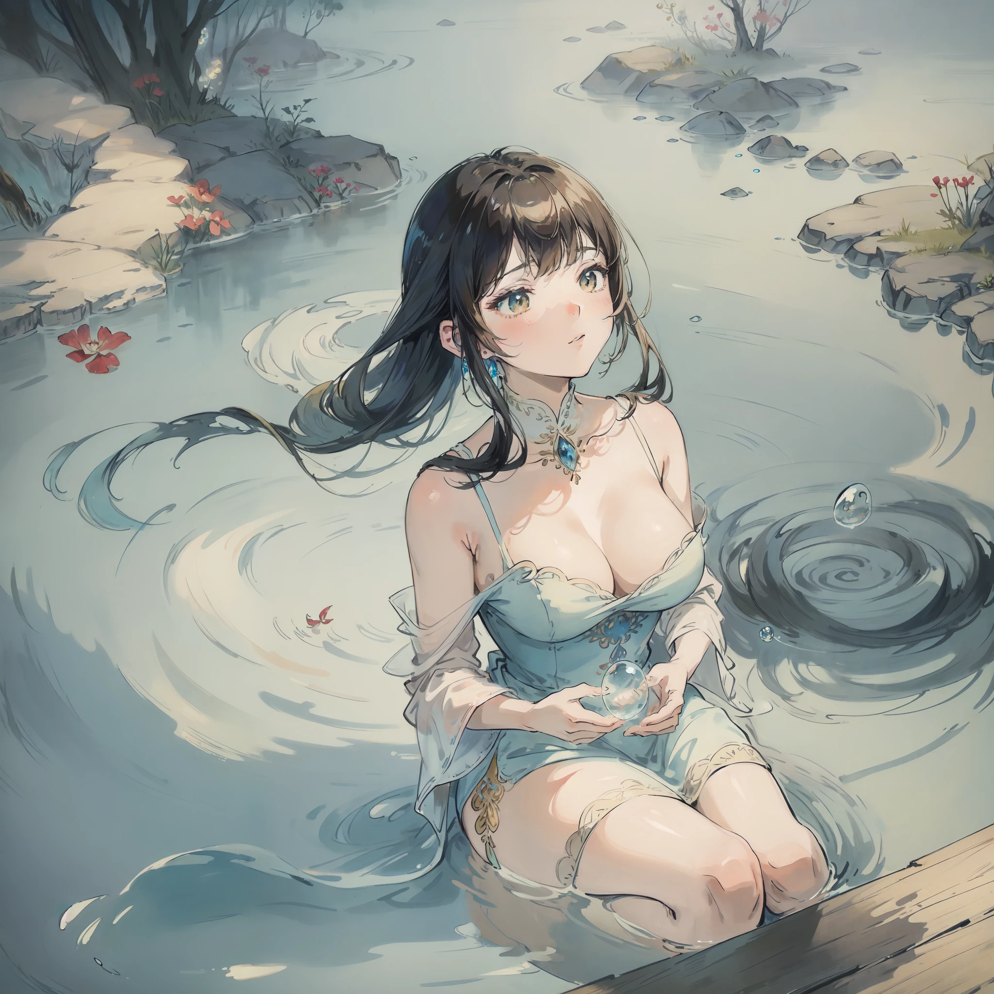a painting of a woman in a dress blowing bubbles, loish and wlop, ethereal bubbles, moebius + loish + wlop, dreamy and detailed, intricate wlop, closeup fantasy with water magic, fairytale artwork, fairytale painting, in style of anna dittmann, wlop art, realistic fantasy painting, artgerm julie bell beeple