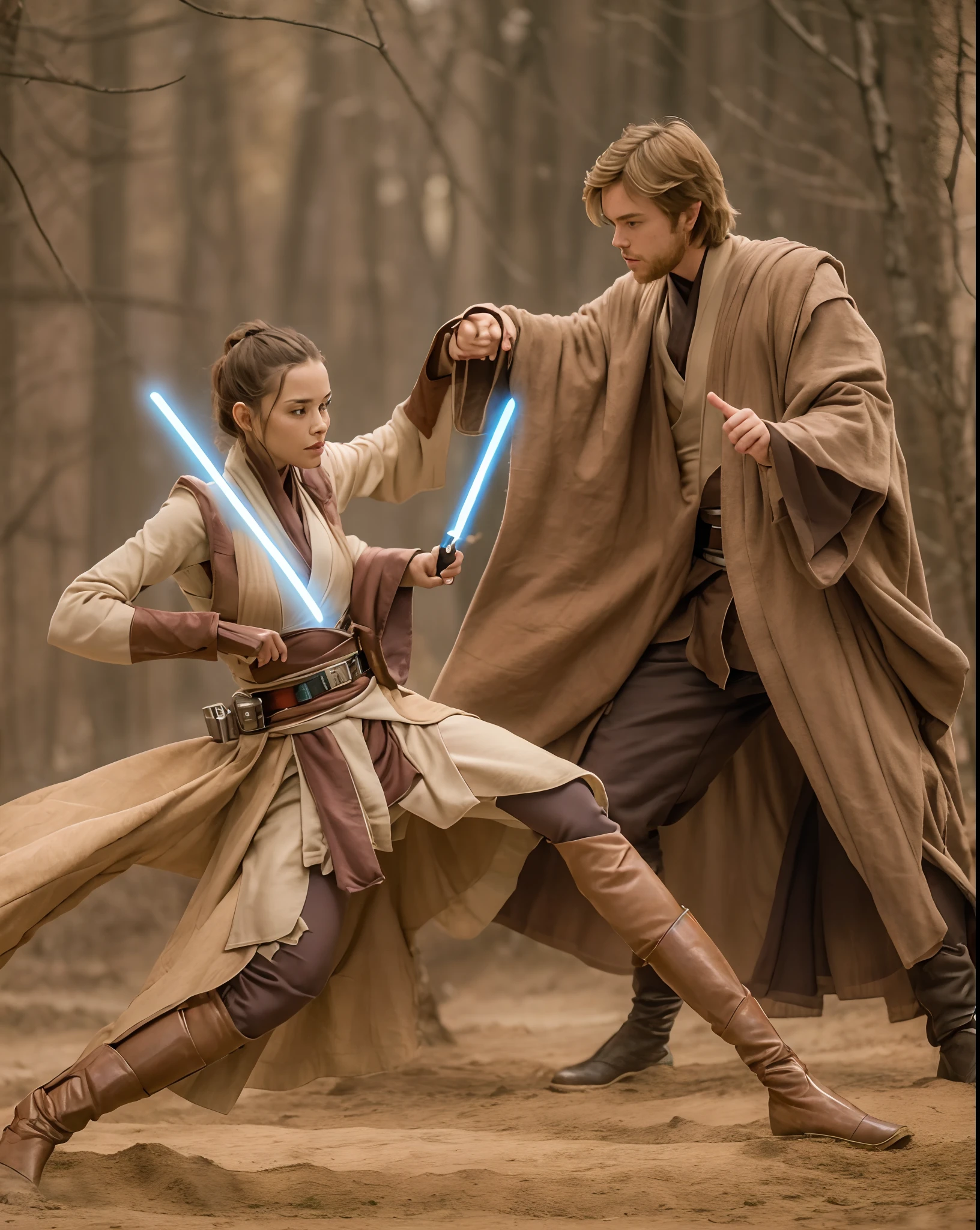 A detailed jedi in attack pose, with a female padawan, (hourglass body), (anakin Skywalker), ahsoka tano, (training:1.2), teacher, master, fighting with Sticks, intricate, masterpiece, best quality