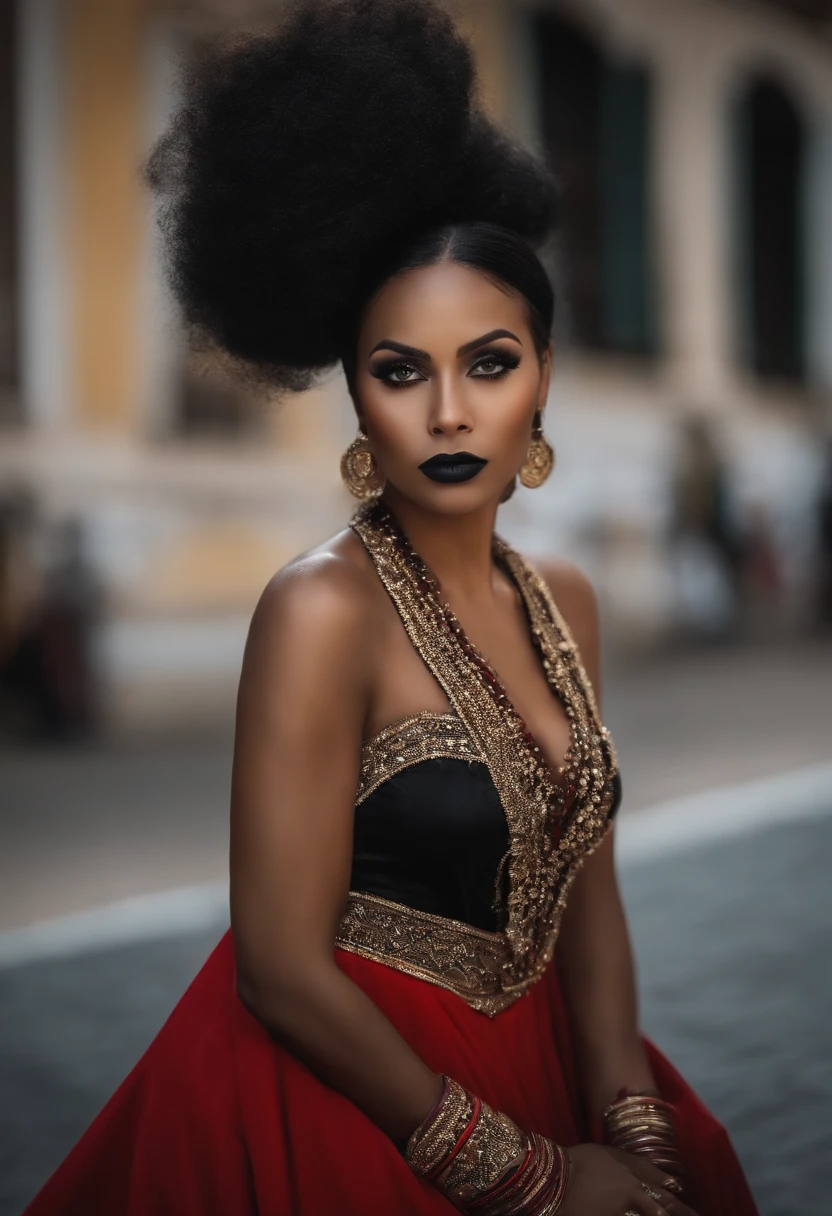 rosto mulher branca e metade caveira. cabelos pretos lisos e longo, olhar profundo e olhos negros, batom vermelho. vestido longo todo preto com capa preta.