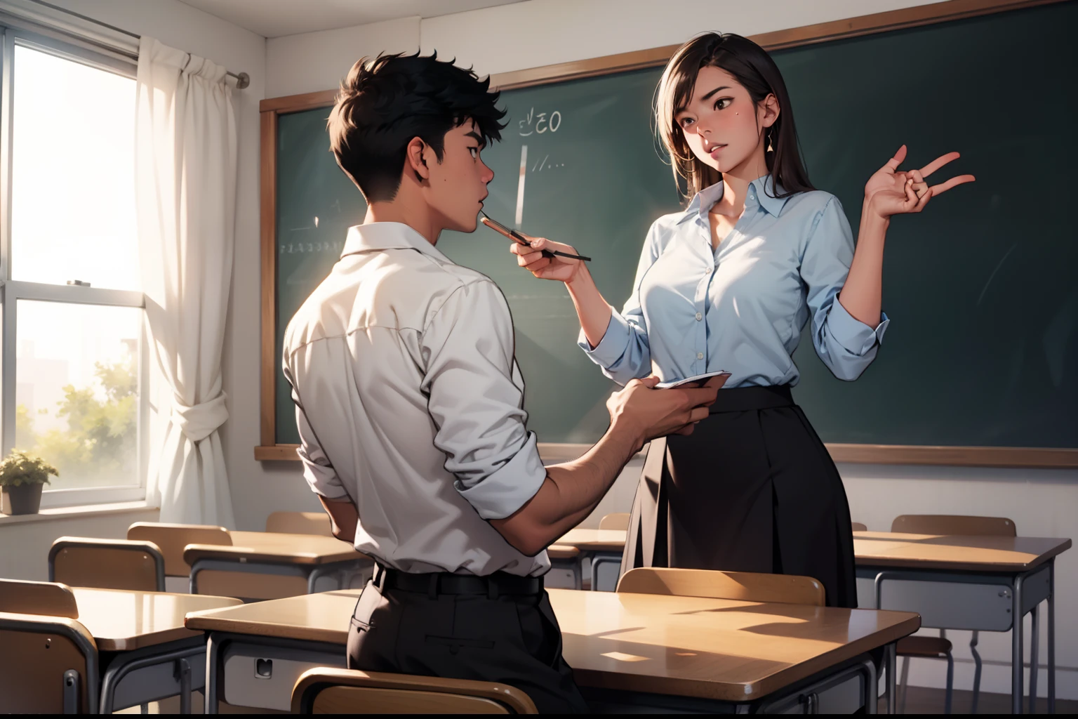 In the classroom,A teacher is lecturing a student