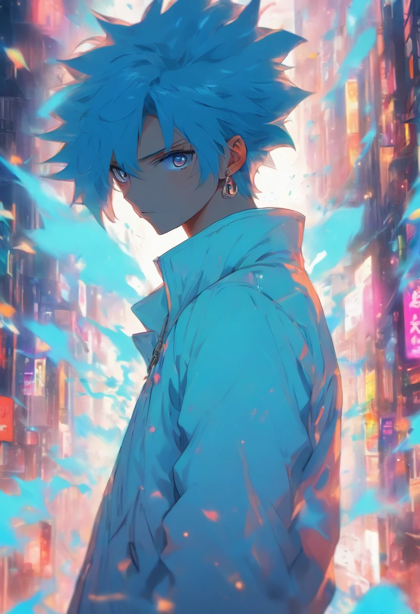 A closeup of a person with blue hair wearing a white jacket, 4D anime style, tall anime face with blue eyes, !! full body portrait!!, anime boy, moe artstyle anime, single full body character, full body!!, anime full body illustration, anime style character, full_body!!, full body model vtuber anime, blue color sorando with purchase affection