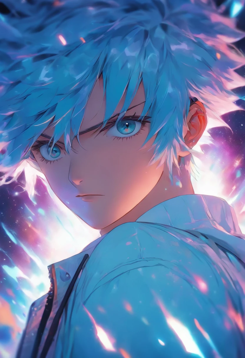 A closeup of a person with blue hair wearing a white jacket, 4D anime style, tall anime face with blue eyes, !! full body portrait!!, anime boy, moe artstyle anime, single full body character, full body!!, anime full body illustration, anime style character, full_body!!, full body model vtuber anime, blue color sorando with purchase affection