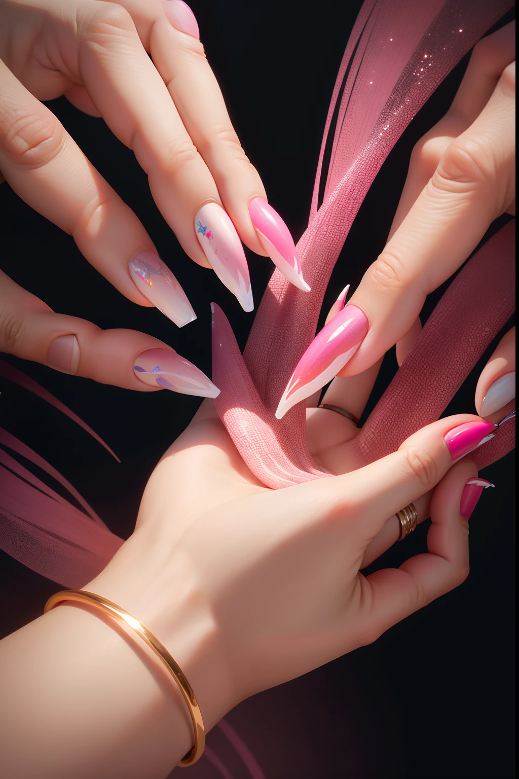 Showing only hands, nail extensions, decorated gel nails. (best quality, 4k), long nail extensions, various hand poses, highly detailed hands, vibrant colors, artistic gel nail design, shiny gel coating, exquisite hand jewelry