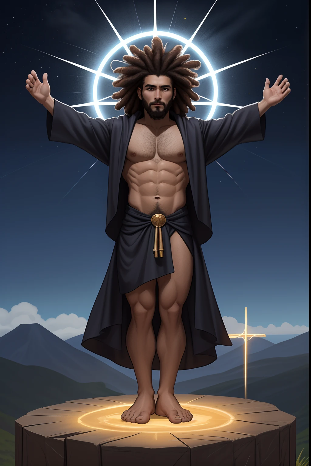 um homem negro Moreno ReiJesus Cristo, behind a cross in the background at the bottom of the image appears a cross,    Phoenix Jesus, Moreno, de cabelo afro cabelo caindo para frente, Rasta type but braided,tiro de corpo inteiro, Olhos firmes, olhando para frente, Lightning in the sky, arms extended, olhando para frente, parado no topo de uma montanha, manto e capa vermelhos, cruz brilhante no a  , Perfect Summoning Body,   barefoot, Levitando, Hooded robes and arms raised on a broken earth;, luz de lava brilhante de baixo do campo de asteroides (rochas irregulares, pedregulhos e detritos disparando para o com , 4K realista com penas laranjas, Cosmic Blue. with a serious expression and looking forward, corpo inteiro. uma co com seios lindos corpo perfeito,  is beautiful a destination with ,vario expression