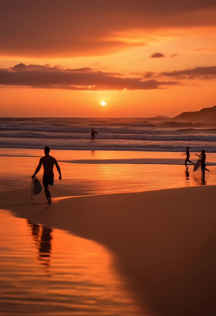 por do sol vista da praia, com surfistas e banhistas na agua e varias pessoas na oral ,tomando sol e brincando na areia