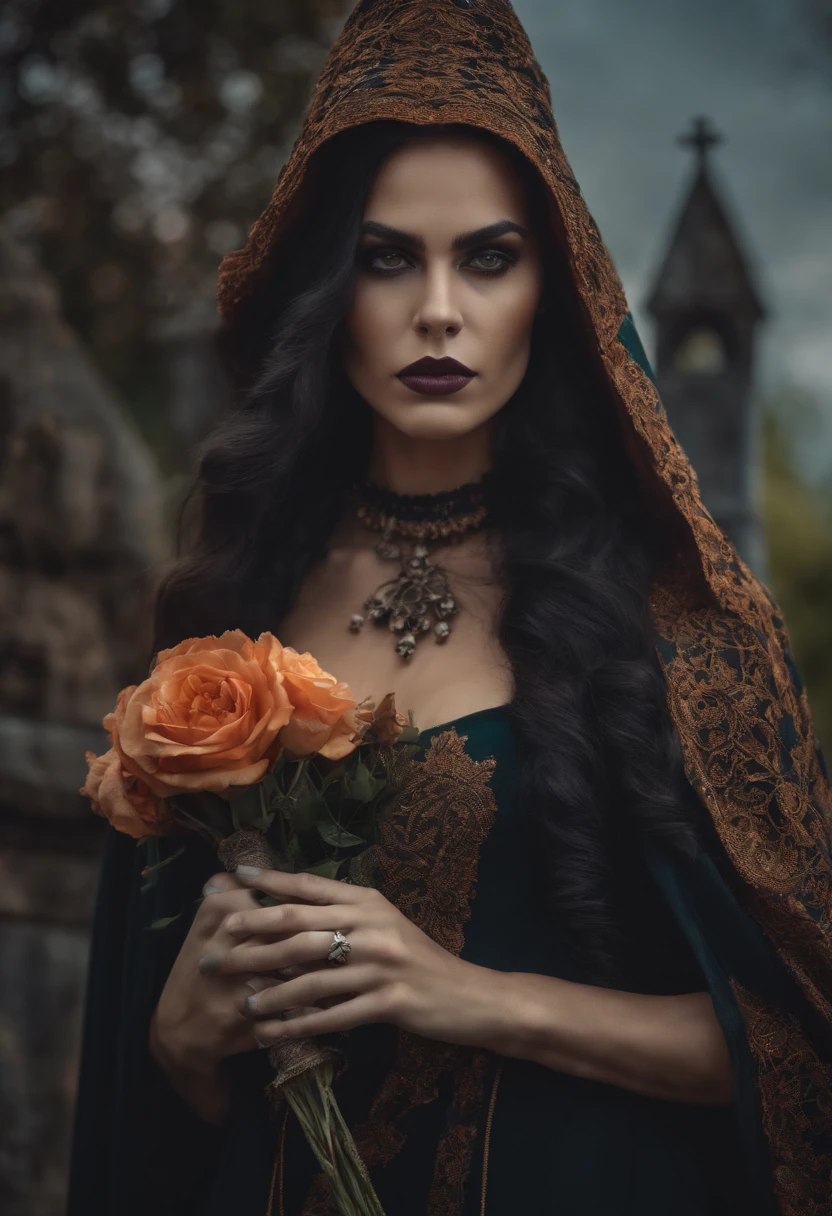 mulher necromante, vestido preto, Skull in hand, cabelos pretos