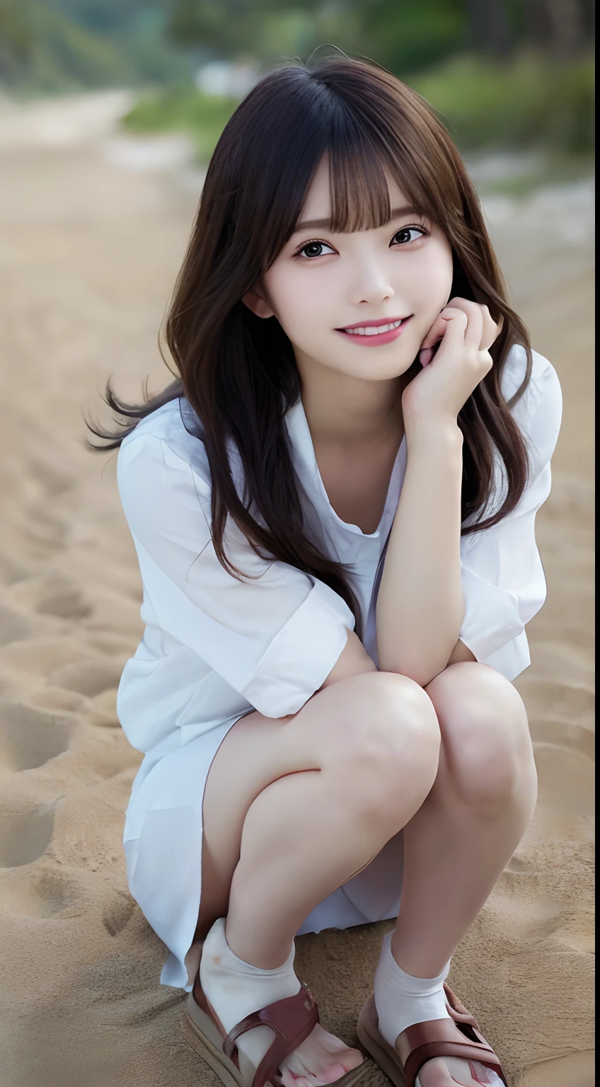 masutepiece, Best Quality, Illustration, Ultra-detailed, finely detail, hight resolution, 8K Wallpaper, Composition that includes the perfect whole body, Beautiful detailed eyes, ((Bend forward with your hands on your knees:1.7)),((Big white shirt wide open around the neck,、No Underwear:1.1))、 Random and cute hairstyles, large full breasts, Natural Color Lip,Beach, Random and cute poses,((A big smile that makes you squint)),((breastsout、under look eyes、Mole on the arm:0.9))、((Raking hair for shortcuts))、((Along the coast:1.1))、((Frontal camera work、turned around:1.1)),((Traces of blood vessels in the chest))