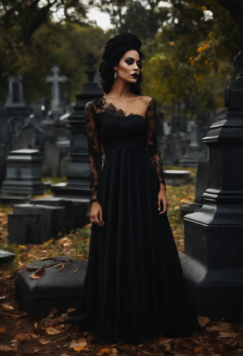 rainha necromante mulher pele branca cabelos lisos pretos, olhar marcante, vestido longo preto, detalhes preto, caveira no ombro. cemetery background