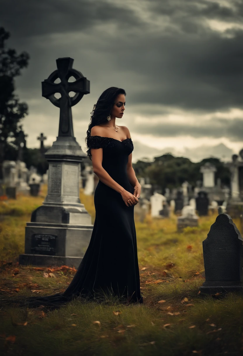 rainha necromante mulher pele branca cabelos lisos pretos, olhar marcante, vestido longo preto, detalhes preto, caveira no ombro. cemetery background