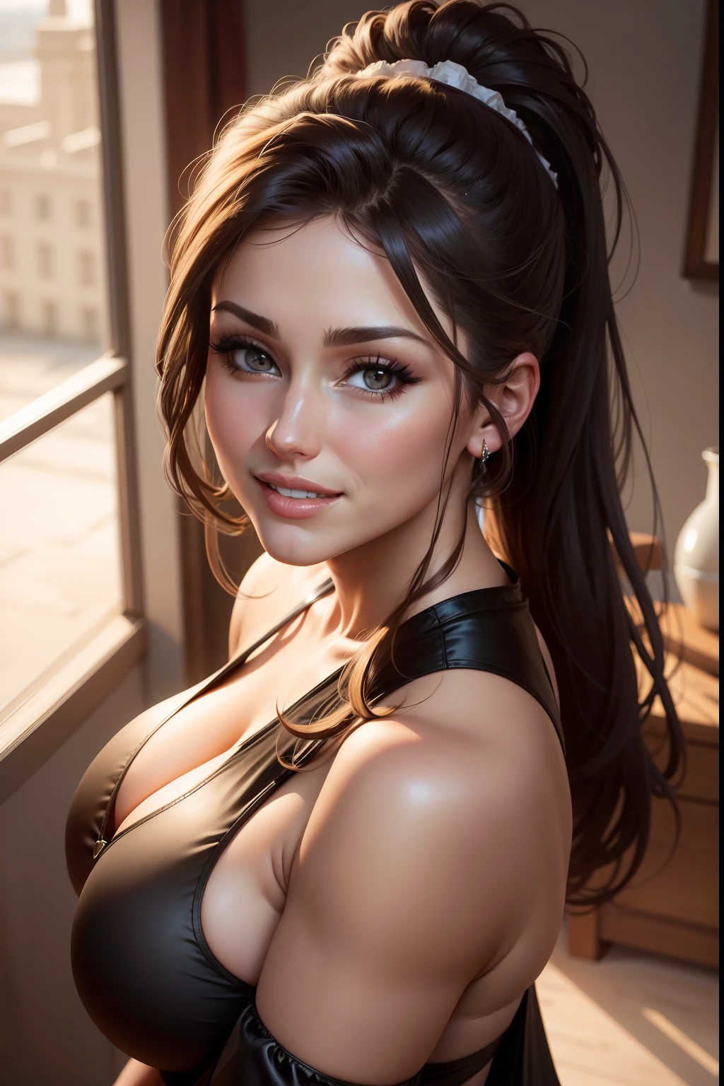 lucy pinder, portrait, smiling, sexy, short black dress, ponytail, sexy dress, neckline