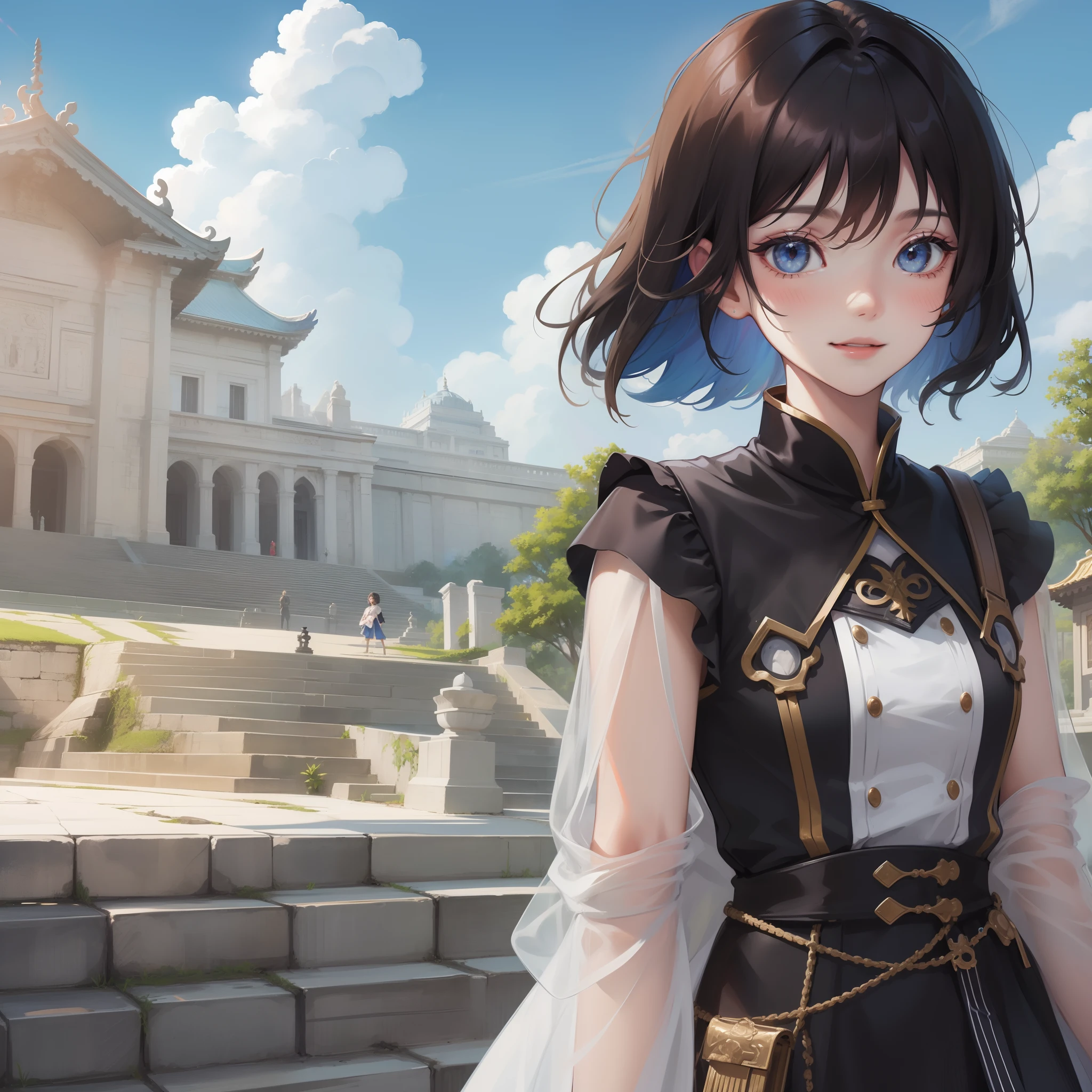 keqingdef, upper body, smile, blush, outdoors, day, simple background, blue sky, short hair, sky, temple, looking at viewer, stairs, mountain, moody lighting, facing viewer,