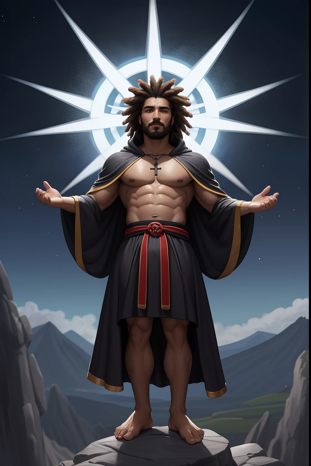 um homem negro Moreno ReiJesus Cristo, behind a cross in the background at the bottom of the image appears a cross, Phoenix Jesus, Moreno, de cabelo afro cabelo caindo para frente, Rasta type but braided,tiro de corpo inteiro, Olhos firmes, olhando para frente, Lightning in the sky, arms extended, olhando para frente, parado no topo de uma montanha, manto e capa vermelhos, cruz brilhante no a , Perfect Summoning Body, barefoot, Levitando, Hooded robes and arms raised on a broken earth;, luz de lava brilhante de baixo do campo de asteroides (rochas irregulares, pedregulhos e detritos disparando para o com , 4K realista com penas laranjas, Cosmic Blue. with a serious expression and looking forward, corpo inteiro. uma co com seios lindos corpo perfeito, is beautiful a destination with ,vario expression
