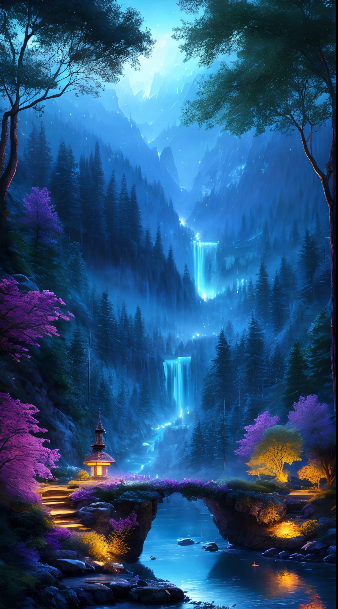 best quality, masterpiece, beautiful wild and natural fantasy landscape with glowing lights