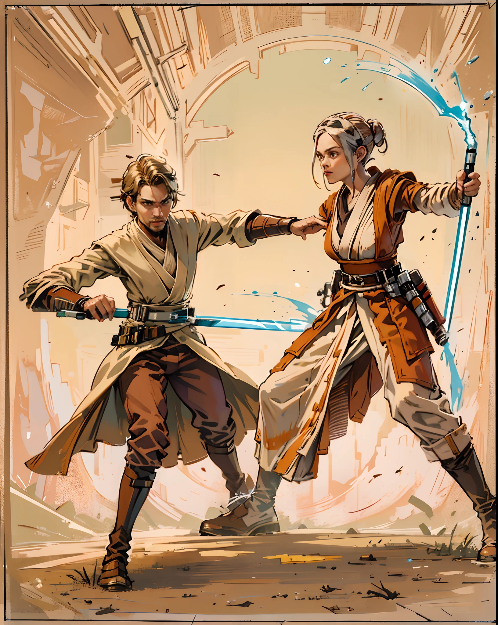 A detailed jedi in attack pose, with a female padawan, (hourglass body), (anakin Skywalker), ahsoka tano, (training:1.2), teacher, master, fighting with Sticks, intricate, masterpiece, best quality