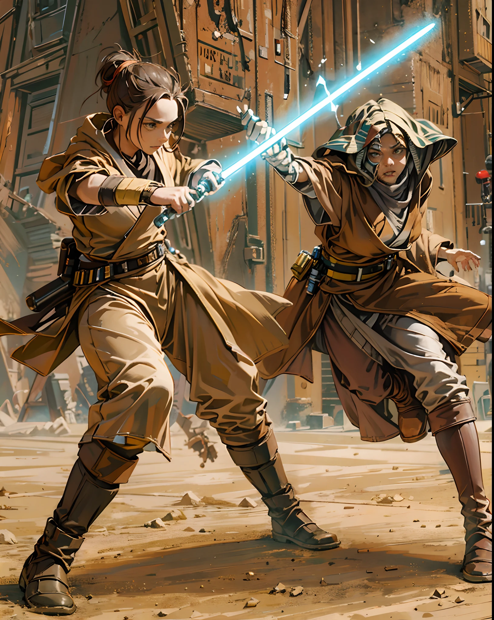 A detailed jedi in attack pose, with a female padawan, (hourglass body), (anakin Skywalker), ahsoka tano, (training:1.2), teacher, master, fighting with Sticks, intricate, masterpiece, best quality