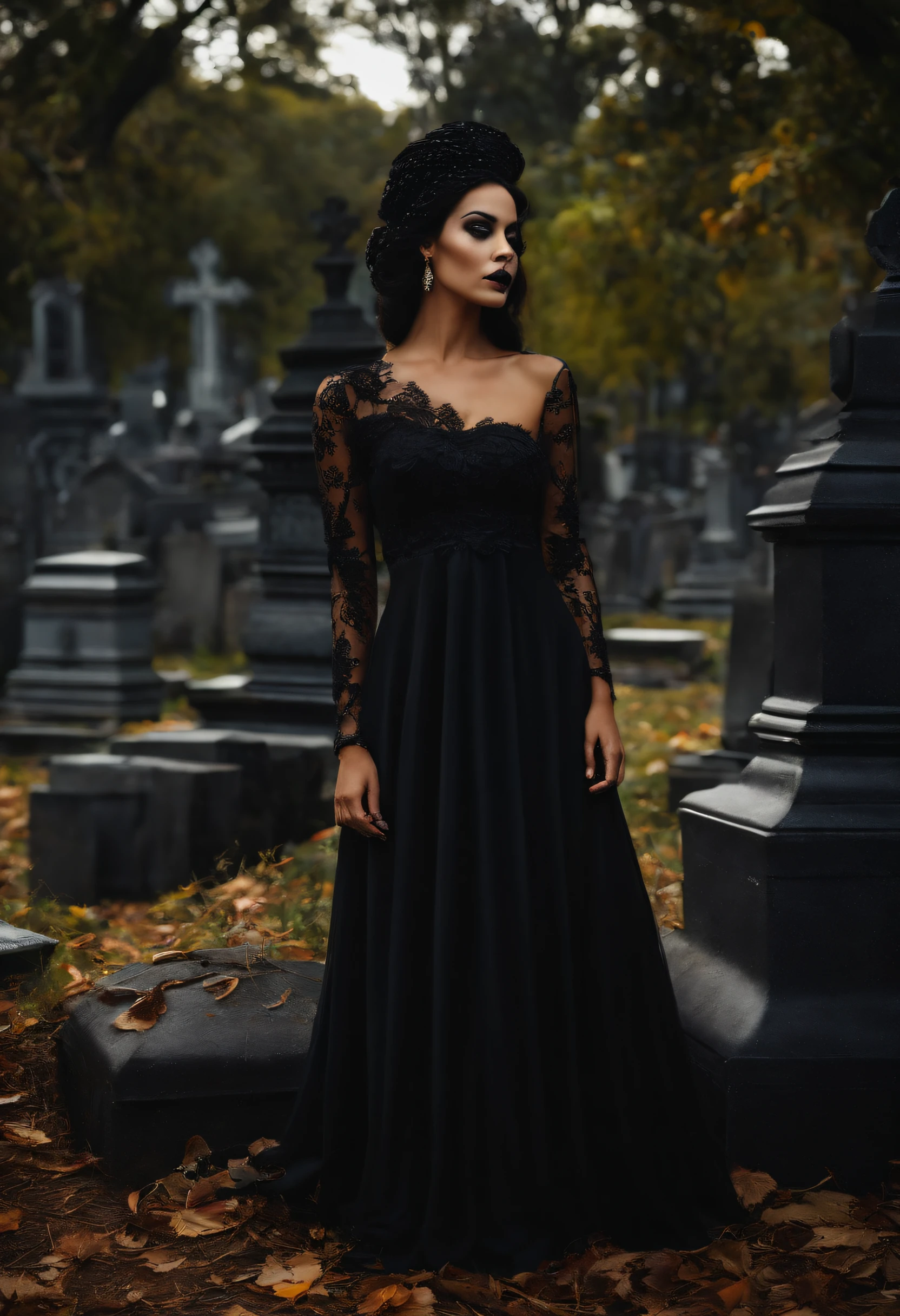 rainha necromante mulher pele branca cabelos lisos pretos, olhar marcante, vestido longo preto, detalhes preto, caveira no ombro. cemetery background