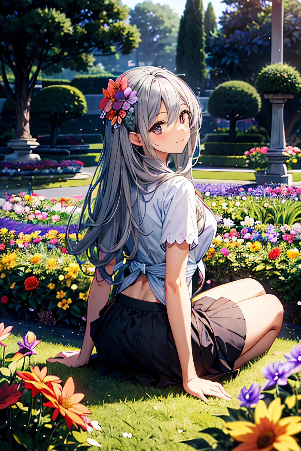 absurderes, hight resolution, (Official art, Beautiful and aesthetic:1.2), (Close View:1.2), Front composition, 
1girl in, (Long hair:1.2), Gray hair, Wavy Hair, Smile, 
(Everywhere in the flower garden:1.6), (Flower Effects:1.2), (Floral background:1.2), (Background filled with flowers:1.4), (Fancy backgrounds:1.1)、(a miniskirt、upturned ass、light skinned、kawaii、Embarrassing、Super beauty、Upturned、Get on all fours with your big butt sticking out towards the viewer、While staring at the viewer、The silhouette is eroi)