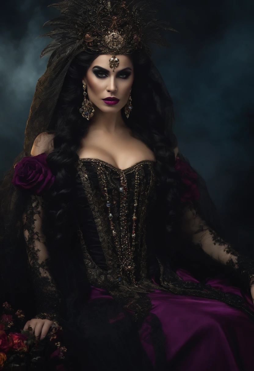 rainha necromante, com caveira, vestido preto longo