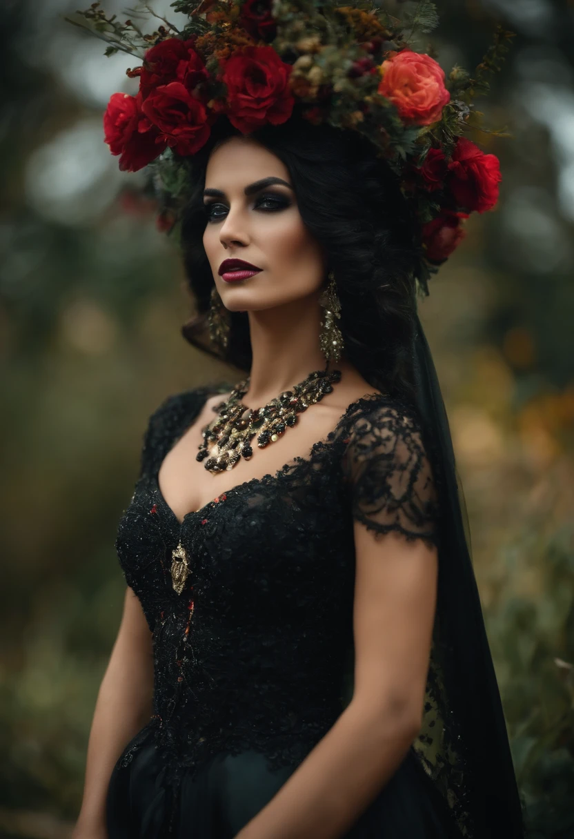 rainha necromante, com caveira, vestido preto longo
