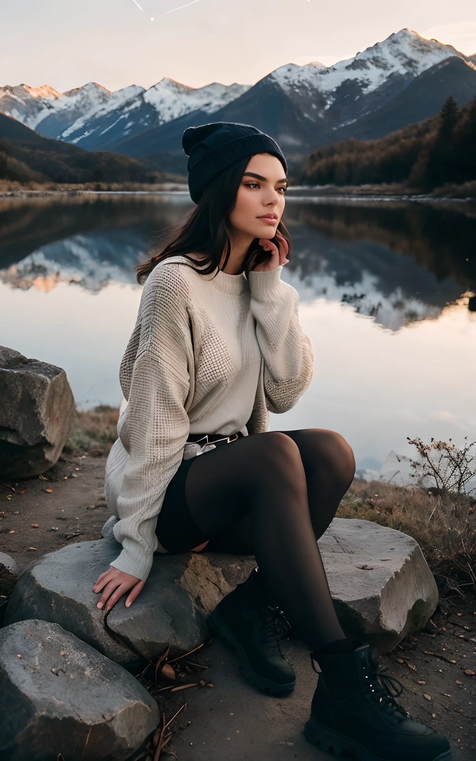 Show entire body, feet in view, aerial view, Kendall Jenner, wearing oversized sweater, sheer pantyhose , no shoes, sunset, masterpiece, best quality, ultra-detailed, solo, outdoors, (night), mountains, nature, (stars, moon) cheerful, happy, backpack, sleeping bag, camping stove, water bottle, mountain boots, gloves, sweater, hat, flashlight, forest, rocks, river, wood, smoke, shadows, contrast, clear sky, analog style (look at viewer:1.2) (skin texture) (film grain:1.3), (warm hue, warm tone) :1.2), close up, cinematic light, sidelighting, ultra high res, best shadow, RAW, wearing pullover