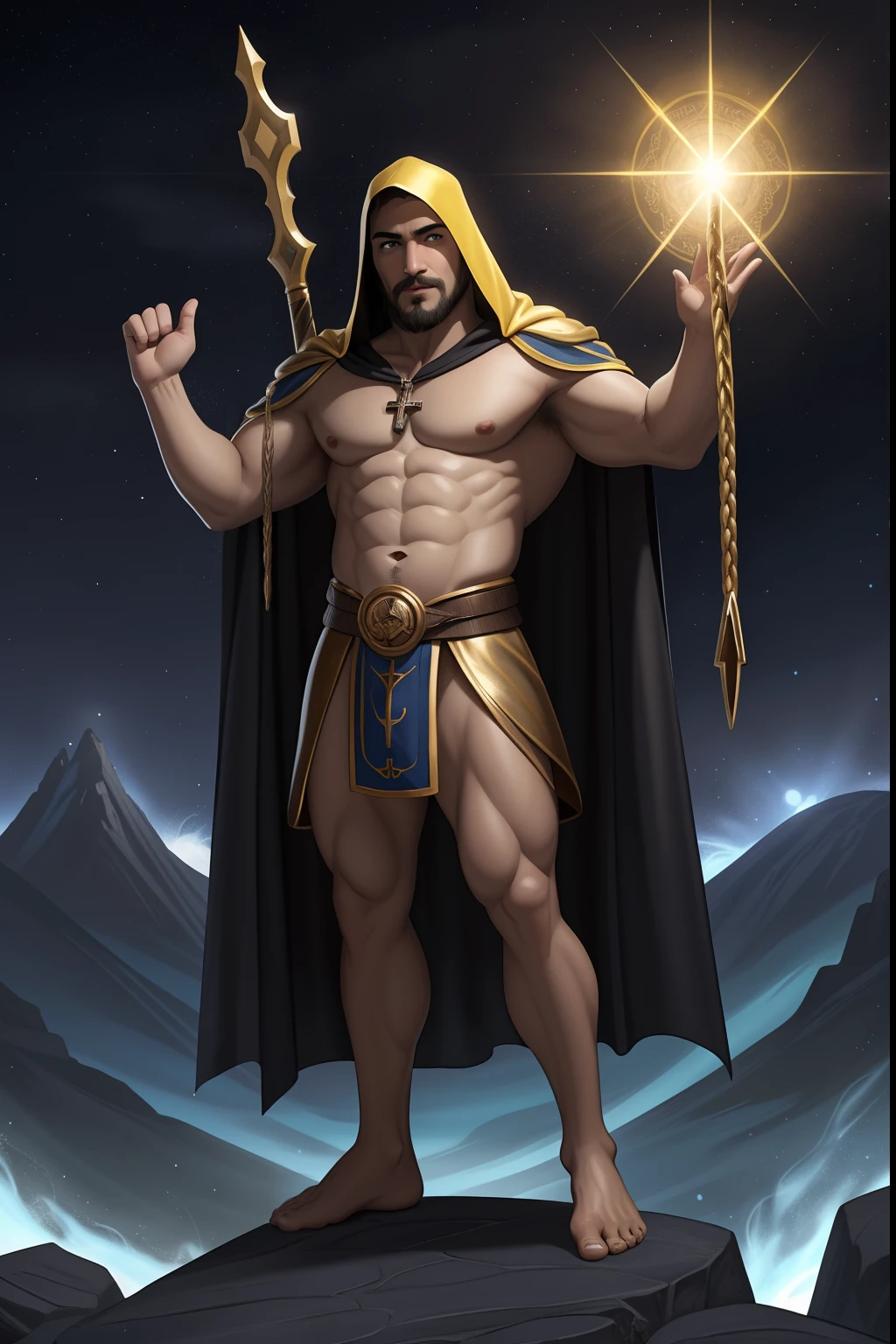 um homem negro Moreno ReiJesus Cristo, behind a cross in the background at the bottom of the image appears a cross, Phoenix Jesus, Moreno, de cabelo afro cabelo caindo para frente, Rasta type but braided,tiro de corpo inteiro, Olhos firmes, olhando para frente, Lightning in the sky, arms extended, olhando para frente, parado no topo de uma montanha, manto e capa vermelhos, cruz brilhante no a , Perfect Summoning Body, barefoot, Levitando, Hooded robes and arms raised on a broken earth;, luz de lava brilhante de baixo do campo de asteroides (rochas irregulares, pedregulhos e detritos disparando para o com , 4K realista com penas laranjas, Cosmic Blue. with a serious expression and looking forward, corpo inteiro. uma co com seios lindos corpo perfeito, is beautiful a destination with ,expression vario cosmic fallen angel, olhos claros brilhantes, Biomechanicals, estranho, assustador, Pesadelo, cores muito brilhantes, light particles, com luz brilhante, Mshiff, Arte do papel de parede, Papel de parede UHD, Anakil Skywalker, 15 anos, roupas medievais