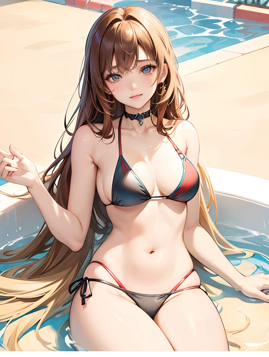 {{ female, Caucasian,}}, Looking at Viewer, Hazel eyes, Extremely detailed, Brown hair, Blonde hair, Red hair, Black hair, {{Blue bikinis, same color bikinis}}, Pool, Pool Party, Happy woman, Best Quality, High quality, extremely detailed anime screencap