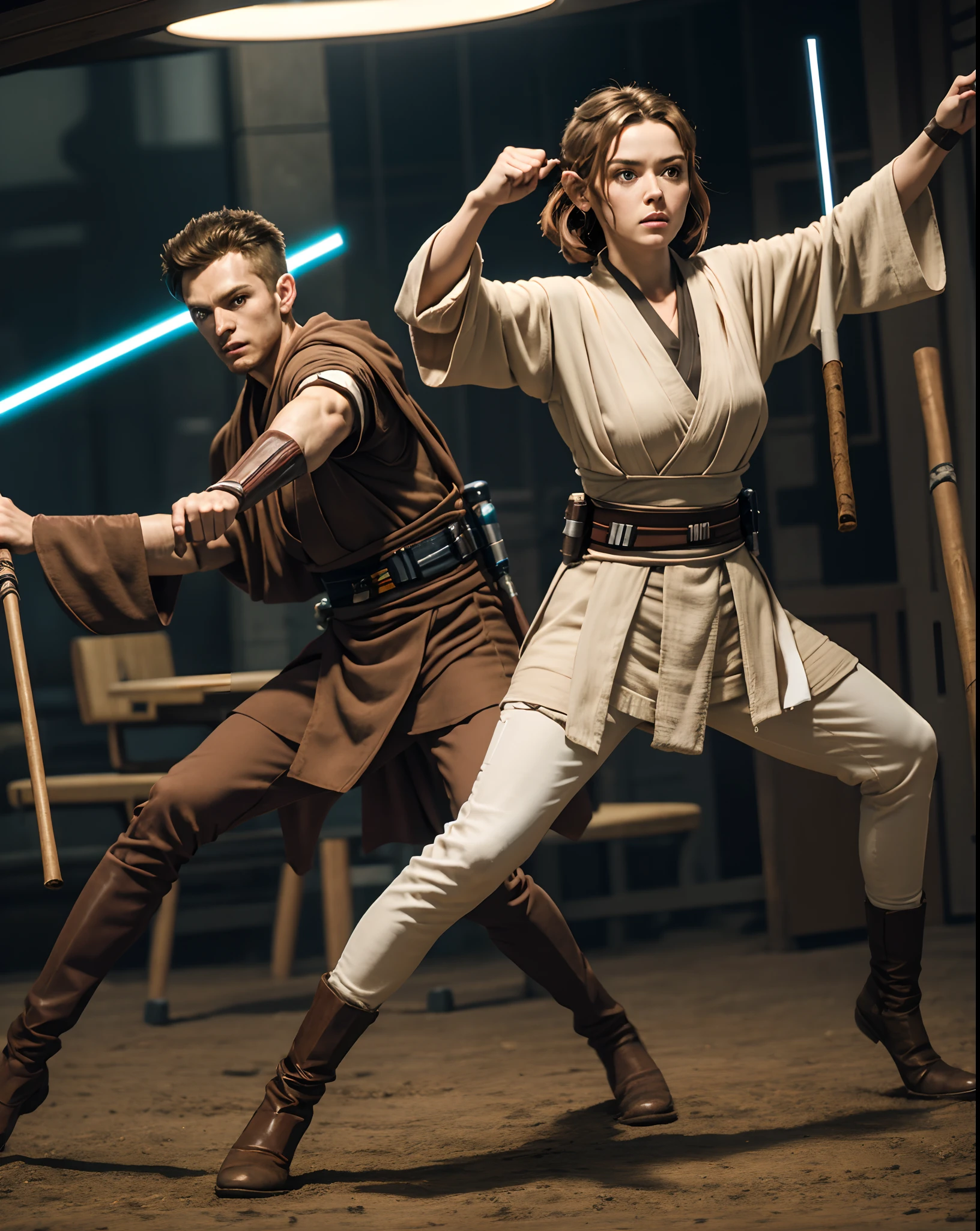 A detailed jedi in attack pose, with a female padawan, (hourglass body), (anakin Skywalker), ahsoka tano, (training:1.2), teacher, master, fighting with Sticks, intricate, masterpiece, best quality