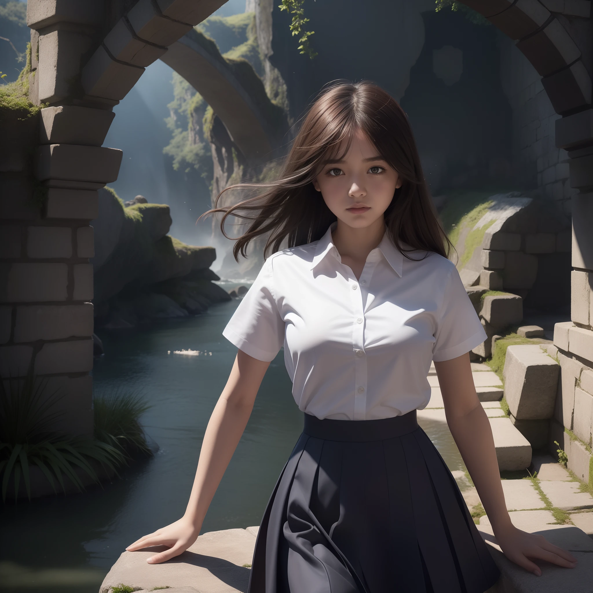 Chiaroscuro, Atmospheric perspective, masutepiece, Super Detail, High quality, awardwinning, 8K, (girl), Solo, High School Uniform, Short dark blue skirt, White shirt, Short sleeve, White shirt, Upper body, (close-up), standing at front, Ruins, Magnificent stone bridge, Medieval, River, old city, Night, Starry sky, In Europe, Cinematic Light, vignetted, god rays, Detailed fingers