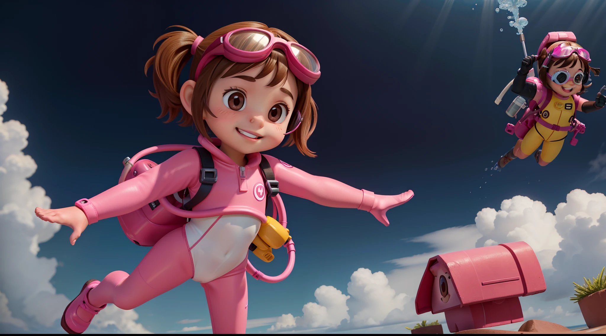 Frontal image of a 5--old l, standing, happy, with brown hair, brown eyes, rosy cheeks, arms spread out, legs apart, clean background, diving goggles, pink diving suit, diving gloves, diving shoes.