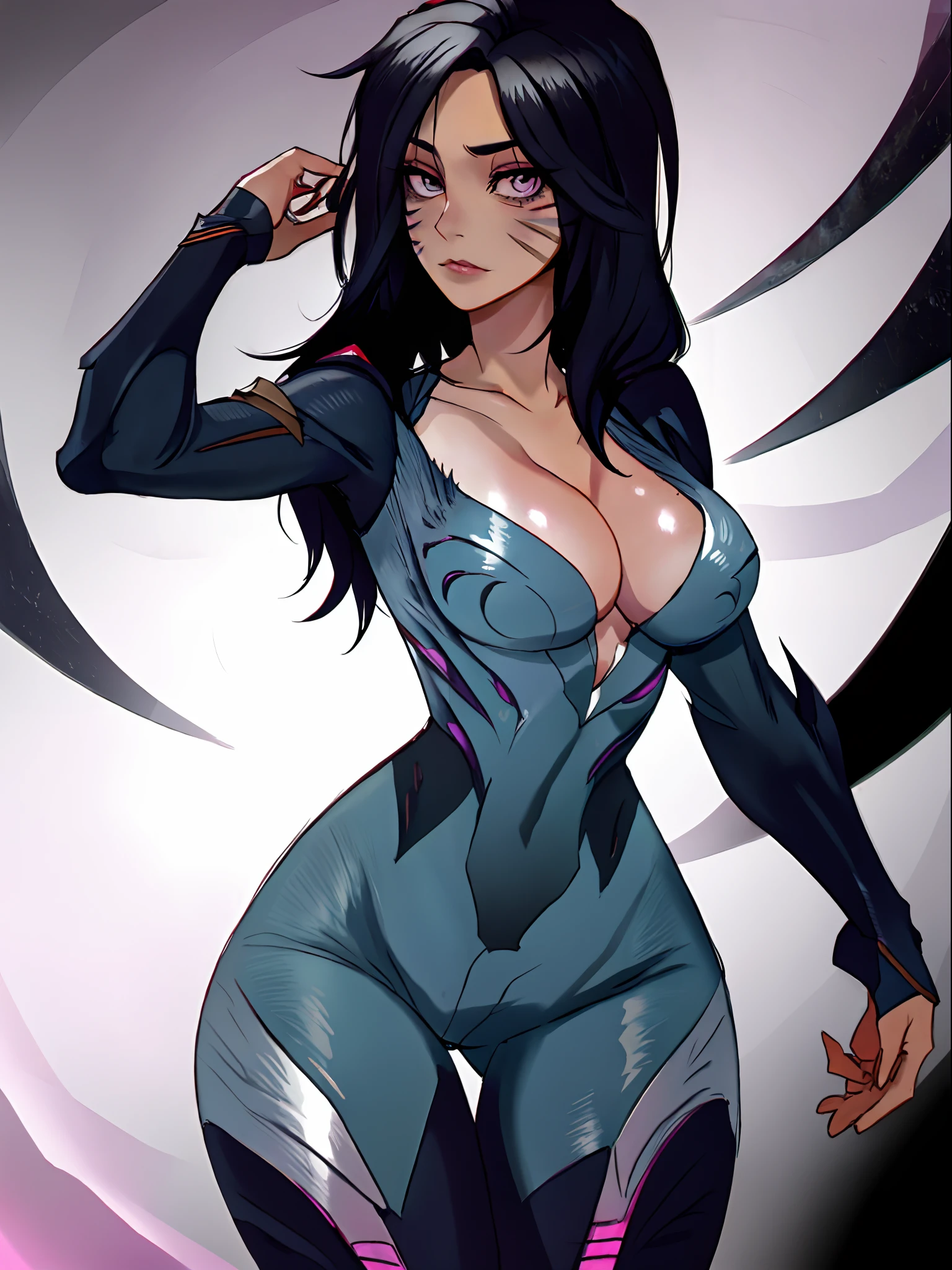 dark sky, kai'sa, league of legends, 1girl, looking at viewer, breasts, solo, medium breasts, long hair, facial mark, bodysuit, skintight, cleavage, black hair, cowboy shot, collarbone, anime style, portrait, best quality, master piece.