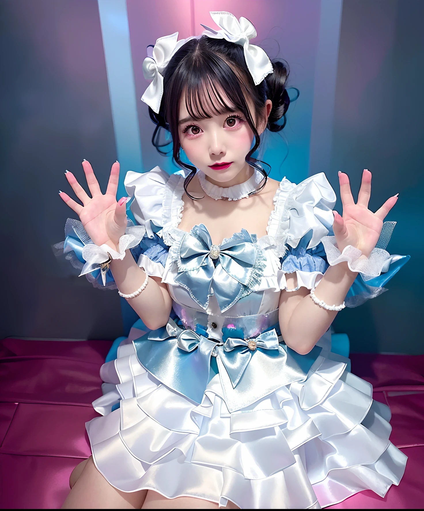 Woman in silver satin dress posing for photo, angelic pretty, Belle Delphine, fairycore, kawaii decora rainbowcore, portrait of the magical ta girl, Lolityle, y 2 k cutecore clowncore, cutecore, Lolita Fon, by Ayami Kojima, kinomoto sakura, Satin costume with frills, Lori, juri misaki