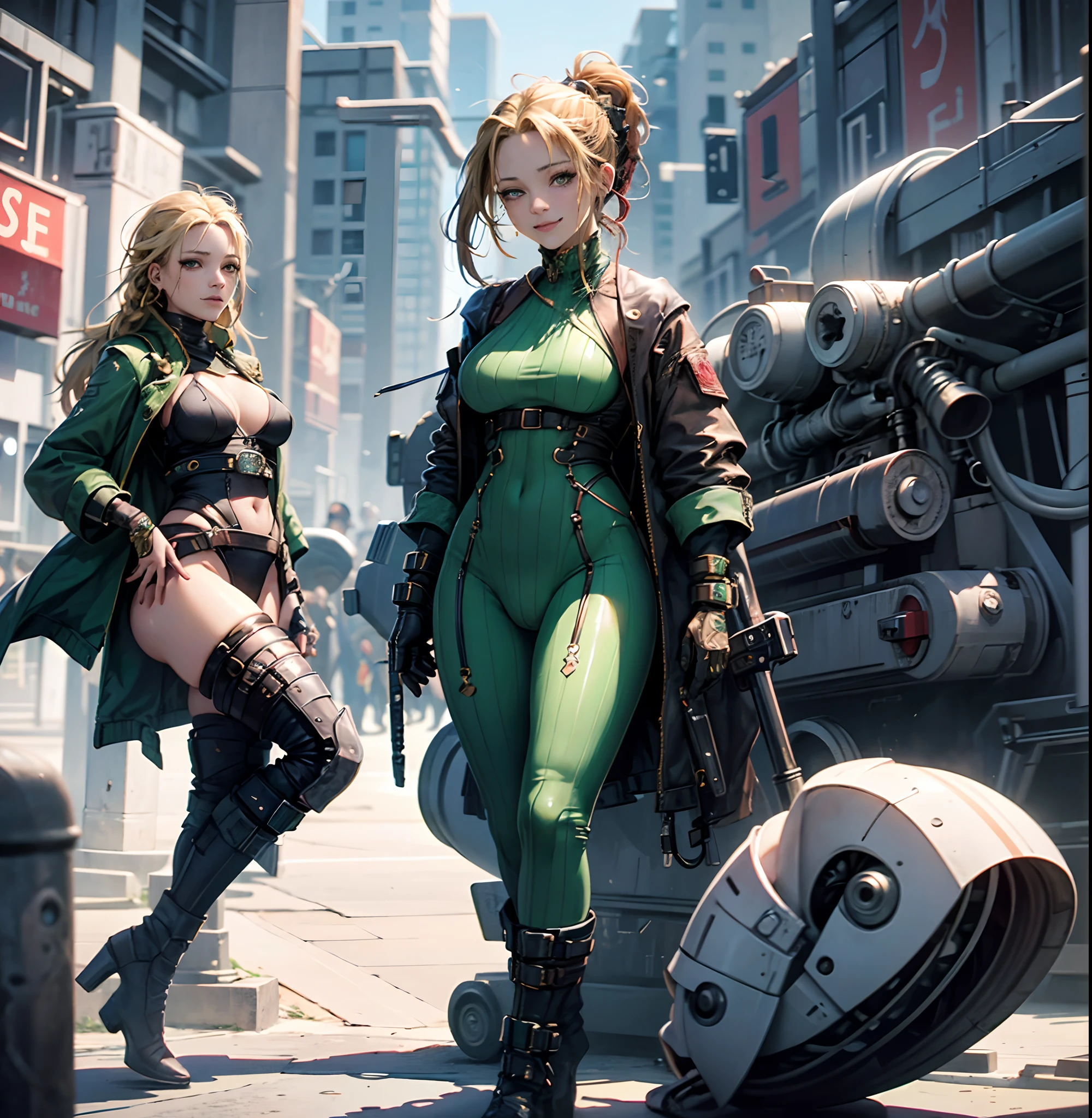 Un primer plano de una mujer con un traje verde con una pistola, Cammy street fighter character, extremadamente detallado, Modelo IG, hyper detailed, porcelain skin, hyper sexual, full cameltoe defined, erect nipples defined, red combat boots, revealing a little nipples, perfect defined cameltoe, hyper wet clothes, feet standing on a concrete flor --auto