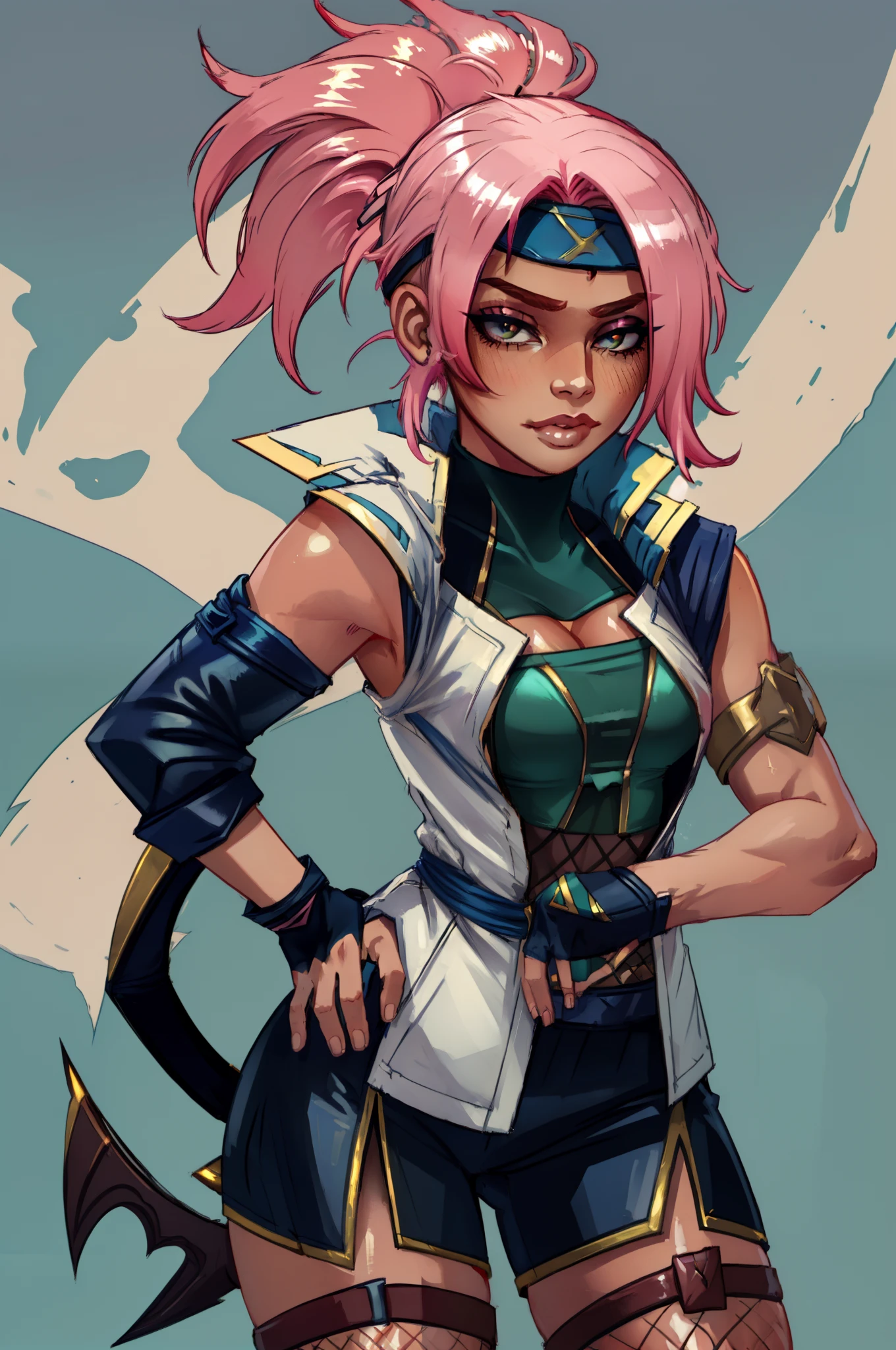 (Masterpiece:1.4), (best quality:1.2), shockblade qiyana, 1girl, headband, jacket, shorts, ninja, fingerless gloves, fishnets, ponytail, pink hair, upper body