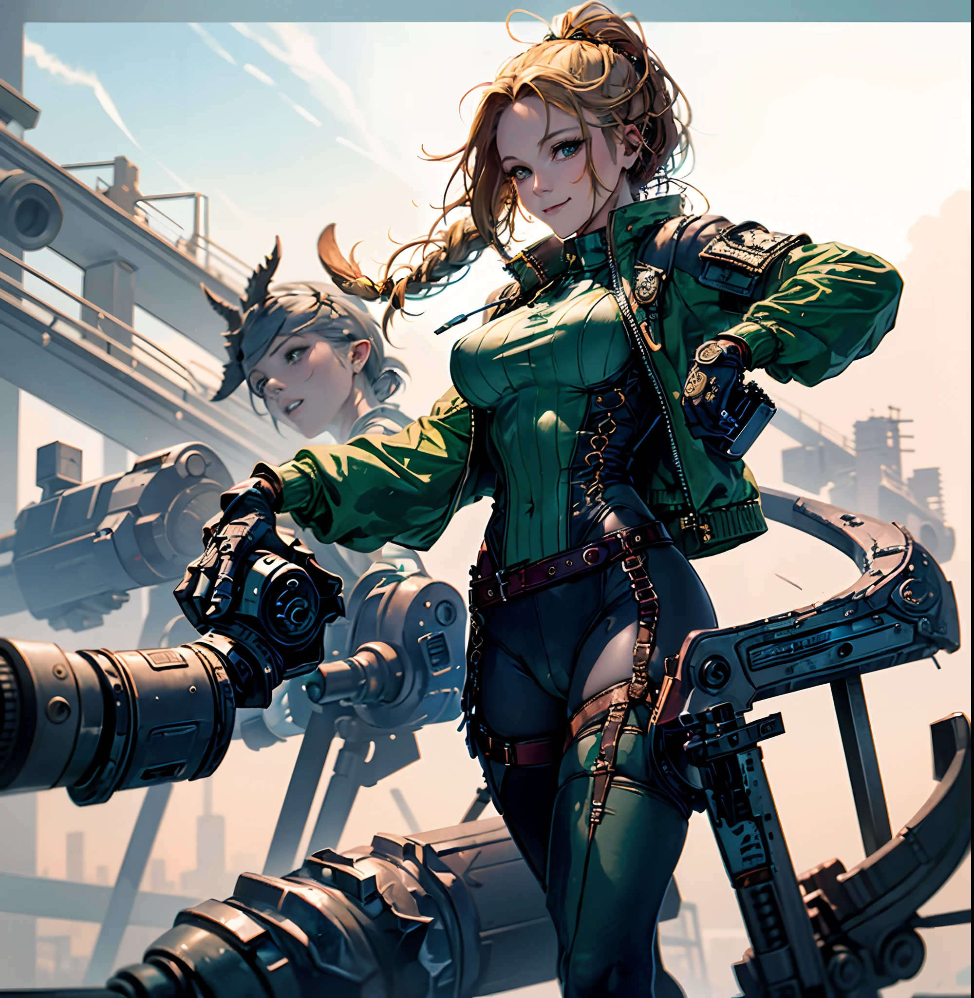 Un primer plano de una mujer con un traje verde con una pistola, Cammy street fighter character, extremadamente detallado, Modelo IG, hyper detailed, porcelain skin, hyper sexual, full cameltoe defined, erect nipples defined, red combat boots, revealing a little nipples, perfect defined cameltoe, hyper wet clothes, feet standing on a concrete flor --auto
