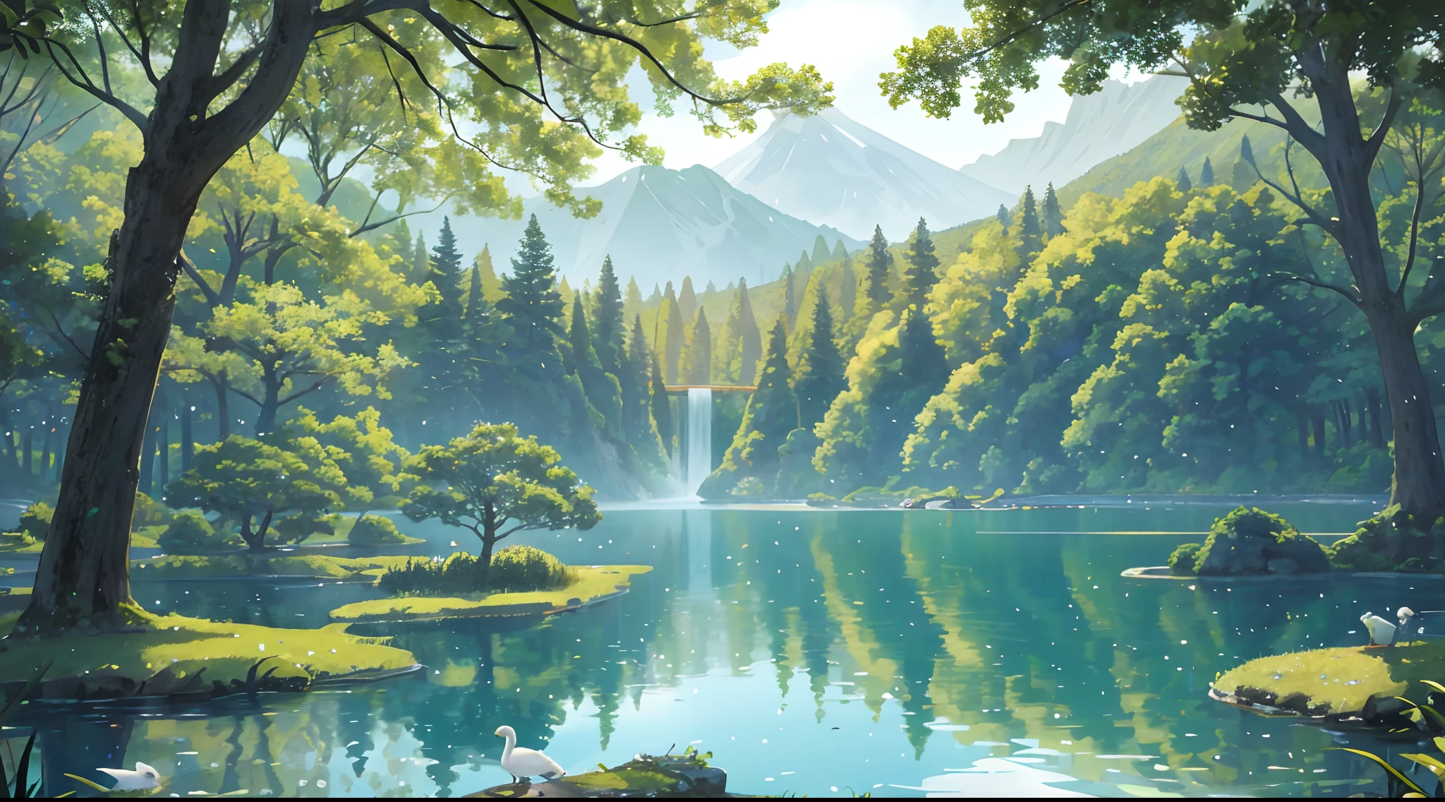 An enchanted forest, with green trees, a lake with crystal clear water passing in the middle, a wooden bridge crossing the lake, swans in the lake, a big ancient turtle in the background, sunlights crossing the forest, reflections of sun in the water, delicate iamgens, HD,