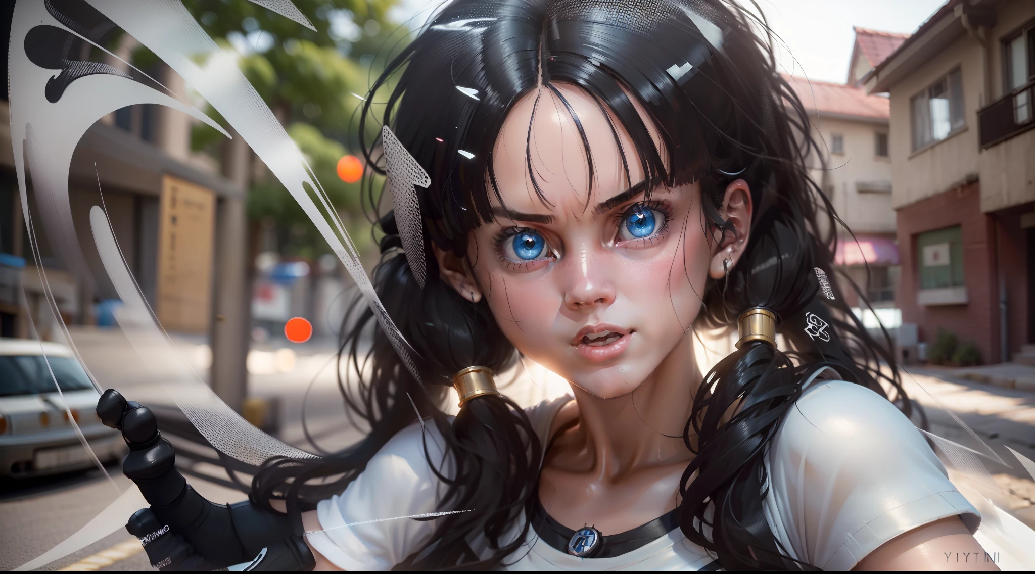1girl, dynamic pose, dynamic view,, videl2,blue eyes, black hair, twintails, black gloves, bike_shorts, bangs, white shirt, badge, (((photorealistic, hyper-realistic, RAW photo:1.2))),masterpiece, best quality, intricate details, 8k uhd, perfect face, perfect eyes,