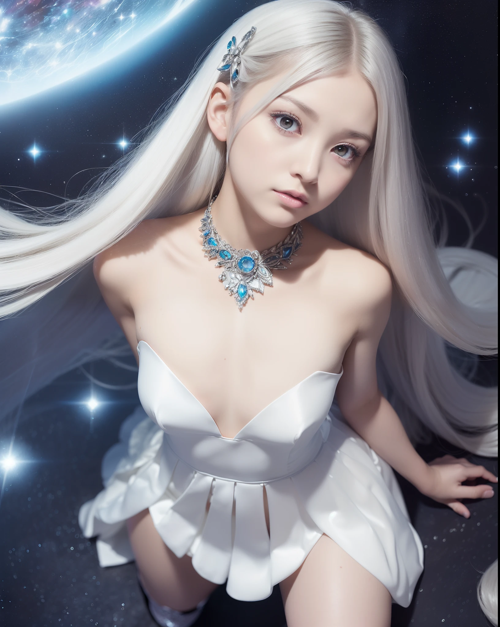 An ultra-high picture quality、(((full body Esbian)))、frontage、bilaterally symmetrical、((The background is a very dark Milky Way))、(((Planktonic)))、colourfull、muitoリアルHuman texture、 ((( very cute beautiful skinny prague white girl)))、((Very white skin of a 14-year-old uca girlth blood vessels showing through))、(((very long and high nose of a white woman,,,,,,,,,,,,,,)))、(((Under the short nose)))、(((no-makeup)))、( Height 164 cm、head length 20 cm、leg length 82 centimeters,)、Normal shoulder width、Long arms、Long Torso、long neck、Long below the knee、Thin little face、Natural double eyelids、 (1girl in:1.3), Light persona, Dark Persona, mind control, fractral, ceiling, Artistic background, Geometric, organics, blessings, favor, noble, unfolded, elucidation, antigravity, Antimatter, holy, Sacred, spiritual, Dignified, Luminescent, Holographic, About Magic Circle, photons, scales, Beak,(artistic)、(((The most fantastic bright light blue eyebrows))),,(((Ultra high resolution pale light blue silver hair and silky thin shiny eyebrows,,)))、(((Super luxurious petite see-through Western style long dress with plenty of luxury accessories)))、(((Beautiful white skin with hair and pores,)))、(((Extremely delicate and brightly colored targets)))、(((Beautiful glowing caucasian woman with bright light blue iris iris eye with ultra high definition pattern)))、(((I love you))),(((Small drooping eyes with a gentle feeling)))、(((very thin eyelashes)))、(((Realistic naked eye)))、High Definition Lip、(((Cute girlish hairstyle spreads softly..............)))、(((A Princess)))、(((large chest directed upwards in a very three-dimensional pointed shape,,,,,,,,,,,,,,)))、(((Dreams)))、(((Your imagination)))、(((Fluffy High Half Twin Tail Hair)))、Luxurious Princess Tiara、Luxury Princess Necklace、(((Looking at the camera)))、(((A gaze to look here)))、((With movement))、(((princess dress)))、(((valkyrie)))、bikini-armor、((s Armor)),Navel in a high position、((The sword))、(((magia)))、(((magic circ