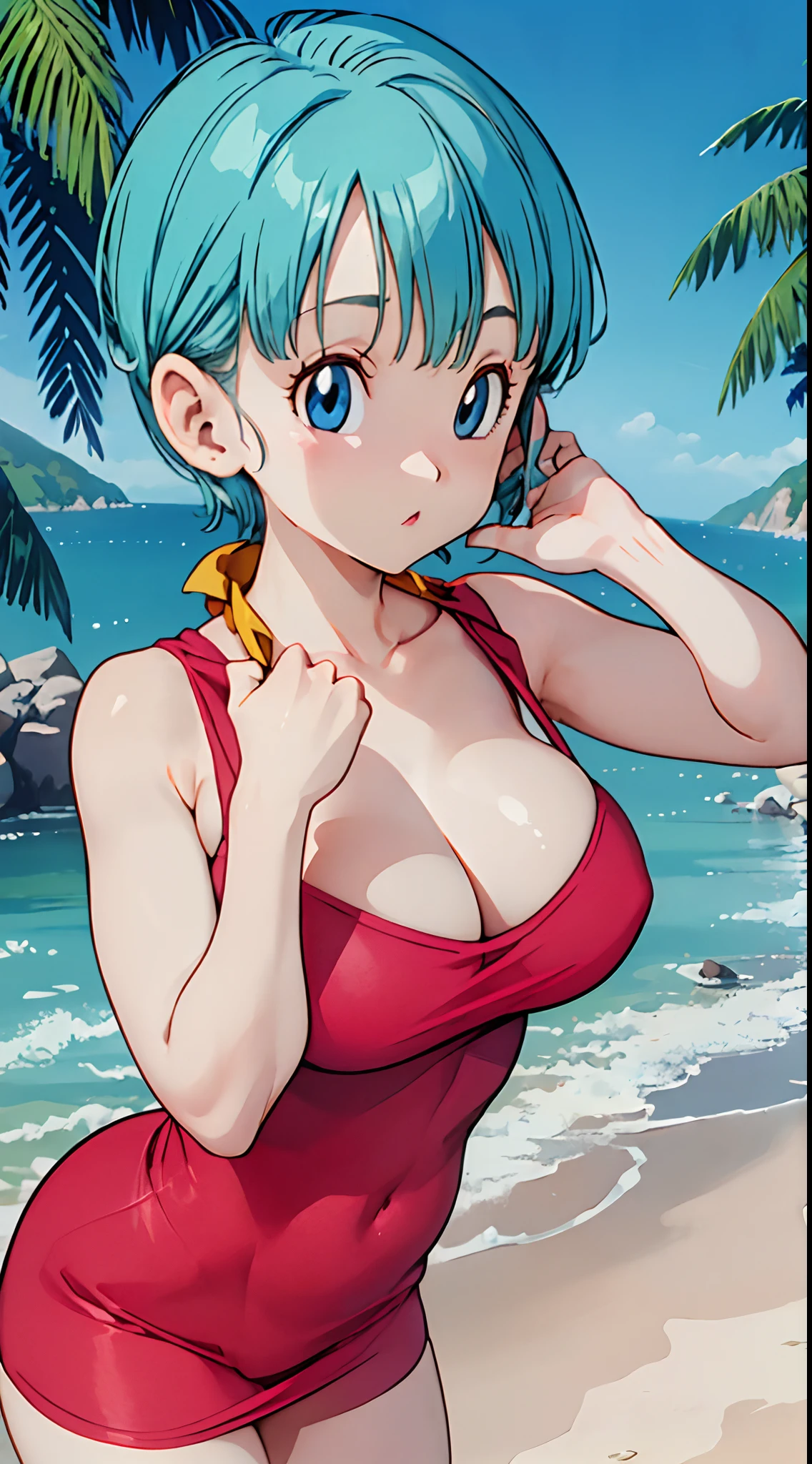 Encontrar, Bulma Dragon Ball, sozinho, sexy, Seios enormes, decote, massive breasts, Latex lingerie, back, de costas, perfect background perfect hands perfect fingers perfect breasts perfect hair perfect face perfect body perfect image ((melhor qualidade)), ((obra-prima)), ((realista)), (detalhado), (fotorrealista (corpo grande) olhando para o espectador, pose casual pose natural, na praia, with blue sky, HDR, ray tracing, NVIDIA RTX, Super-Resolution, irreal 5, espalhamento subsuperficial,  PBR Texturing, Post-processing, anisotropic filtering, profundidade de campo, Maximum clarity and sharpness, rule of thirds, 8K BRUTO, (luminescent particles: 1.4), (CG extremamente detalhado, papel de parede Unity 8K, ................3d, cinematic lighthing, Reflexo da lente), reflexos, foco nítido, corpo voluptuoso,