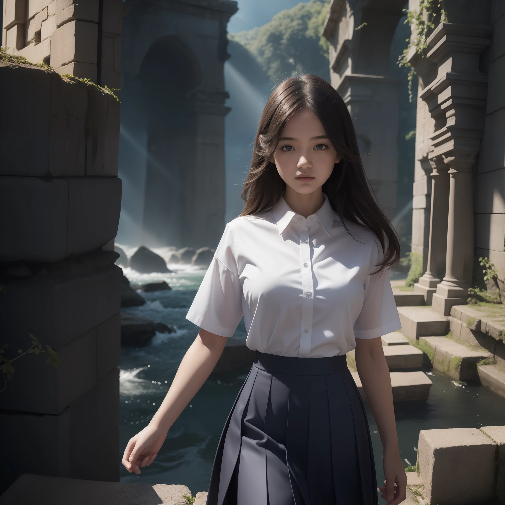 Chiaroscuro, Atmospheric perspective, masutepiece, Super Detail, High quality, awardwinning, 8K, (girl), Solo, High School Uniform, Short dark blue skirt, White shirt, Short sleeve, White shirt, Upper body, (close-up), standing at front, Ruins, Magnificent stone bridge, Medieval, River, old city, Night, Starry sky, In Europe, Cinematic Light, vignetted, god rays, Detailed fingers