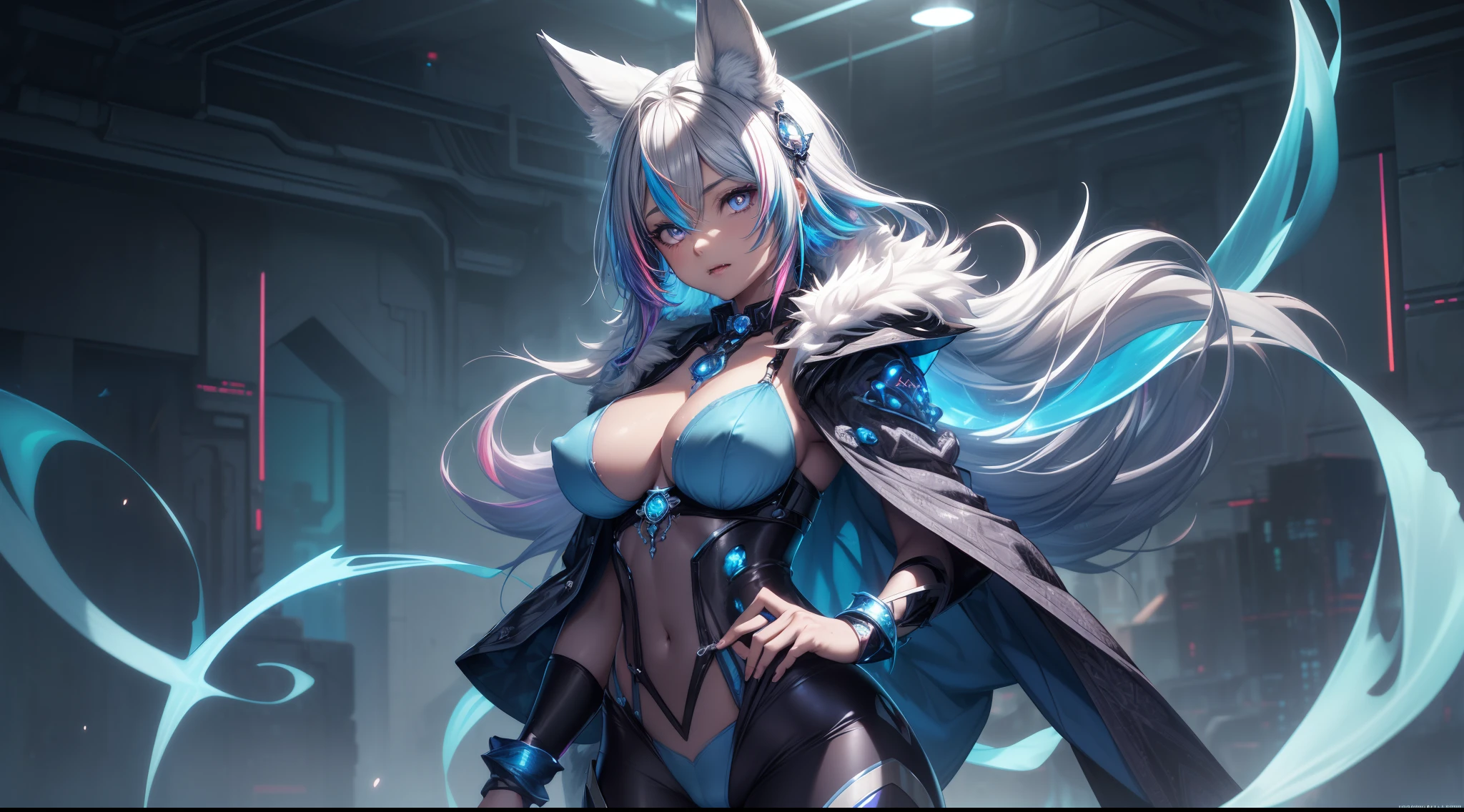 spiritual blue fire fluffy fox girl, (fluffy fox ears, fluffy fox tail), (spirit, spiritual:1.4), (blue fire:1.5), 1girl, perfect and well designed glowing shiny eyes, (beautiful detailed eyes:1.05), natural breasts, slim body, beautiful and delicate cute face, (face detail), ((realistic face)), pores, ((pale grey skin)), detailed skin, realistic skin, (((bioluminescence))), ((shiny skin)), ((glowing speckles on skin)), (fangs:1.5), (multicolored gradation skin), (monster girl:1.25), (fur body:1.4), human face, medium length hair, hair voluminous, (((((multicolored gradation hair))))), super high resolution, 8k, parameters Best quality, (masterpiece:1.4), (magic accessories:1.4), bracelets, extremely detailed thick tight ({nylon|lycra}:1.5) pastel bright ((dark blue, (blue:0.4), silver:1.3), (pink, purple:0.75)) ornate ((shirt with stand-up collar:1.5), (vest:1.25), (pants:1.5), (kimono:0.4)), (tight clothes:1.4), (standing nipples under cloth:1.35), (cameltoe:1.6), (ornaments on clothing:1.5), (neckline:1.3), (cleavage:1.2), decolette, navel, Young Girl, Little Beast, (Smile:0.7), (pale Skin:1.4), ((tattoos all over body, Tribal tattoos all over legs)), ultra detailed, photorealistic, ((Real image)), (best quality:1.4), super high resolution, (Realistic 2.0), More details, (((1girl))), urbanism, futuristic, {fantasy|cyberpunk}, technologies, (beautiful and aesthetic:1.2), (fractal art:1.4), (cinematic light:1.1), (DUTCH ANGLE:1.3), 16K, HDR, RTX, Ray Tracing, Radiosity, Anisotropic Filtering, Subsurface Scattering, (((magic lights))), metallic reflections, Detailed, Realistic, 4k highly detailed digital art, (cool_color), extremely detailed CG unity 8k wallpaper, vibrant colors, (((seductive pose)))