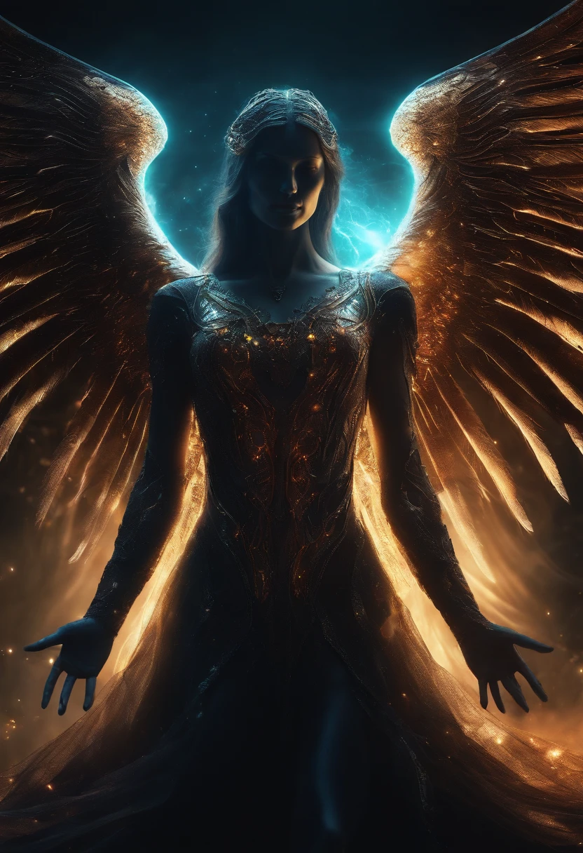 Cosmic Fallen Angel, glowing light eyes, Biomechanical, eerie, Creepy, nightmarish, Very bright colors, Light particles, with light glowing, Mshiff, wallpaper art, UHD wallpaper