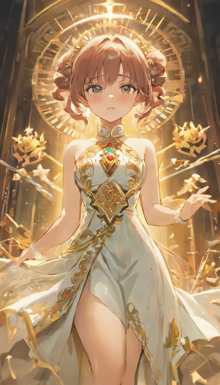 Best quality，tmasterpiece，A high resolution，CG， 1girll，Chinese actress Jiang Ying，arma，The sword，long whitr hair，shift dresses，Eau，（Temptation 1.5），独奏，jewely，white dresses，耳Nipple Ring，hair adornments，spatter，The upper part of the body，hair-bun，brunette color hair， illuminating，Frankness，photore，A high resolution，8K，Bokeh，（Depth of field 0.5），high detal