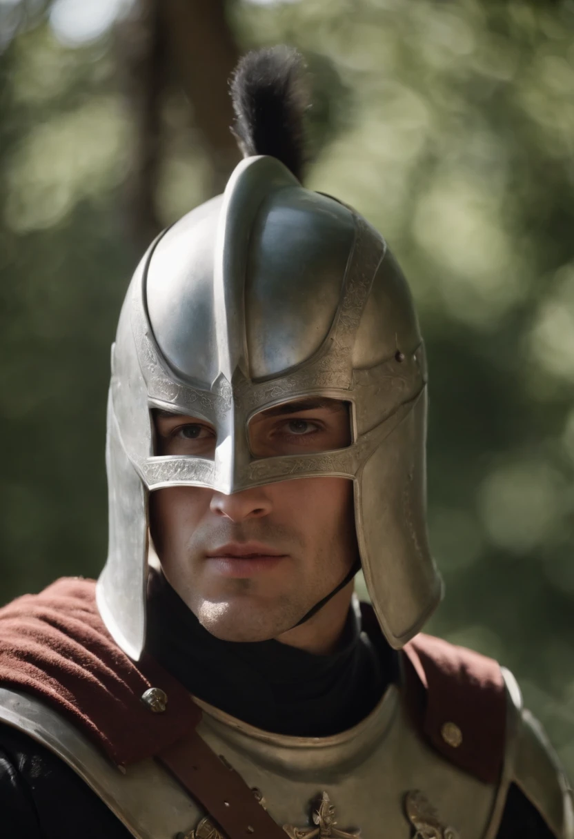 rosto de guerreiro espartano homem, com capacete arranhado, em batalha, com cicatriz no rosto, with lighting and shadow, preto e branco, 4k realista